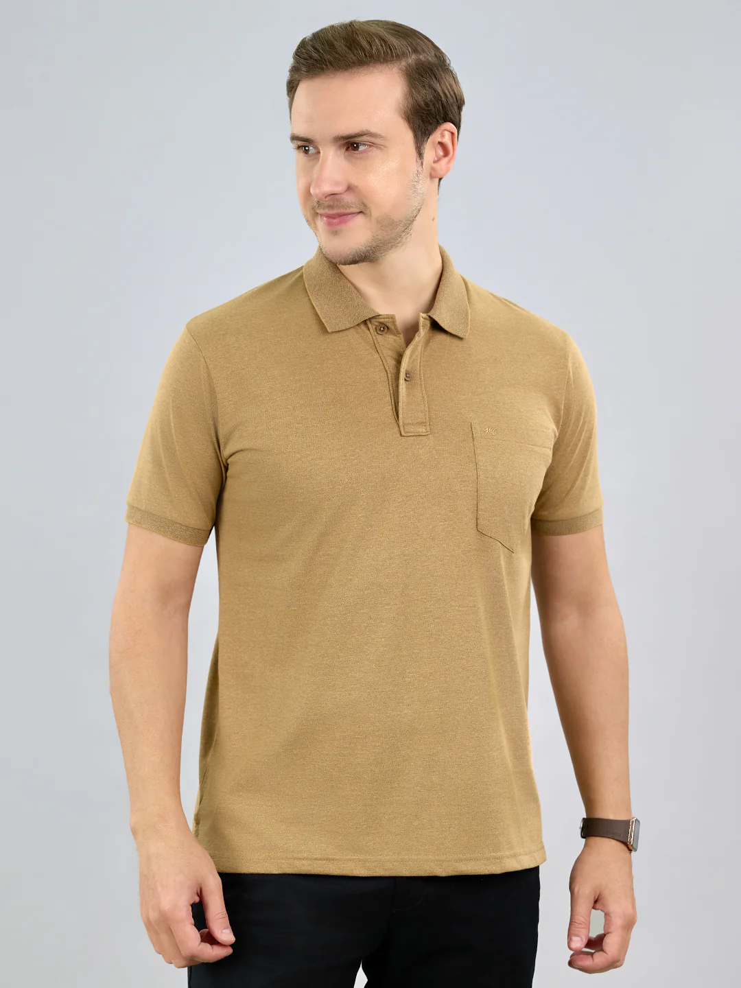Men Camel Brown Solid Polo Collar Half Sleeve T-Shirt