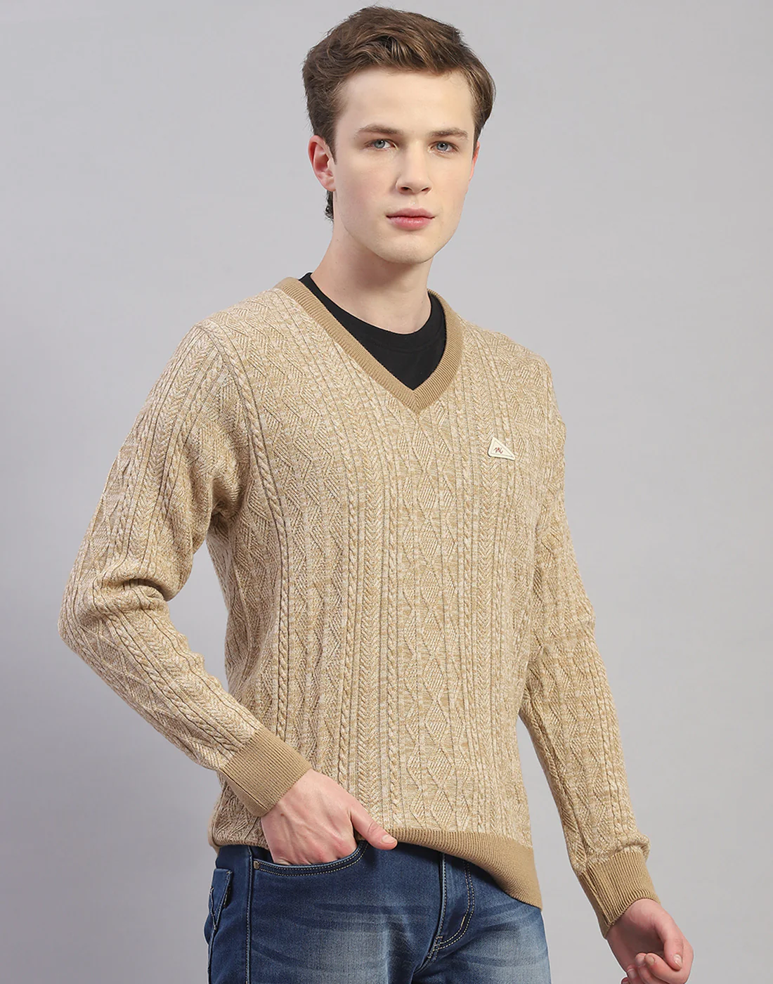 Men Camel Brown Solid V Neck Full Sleeve Pullover