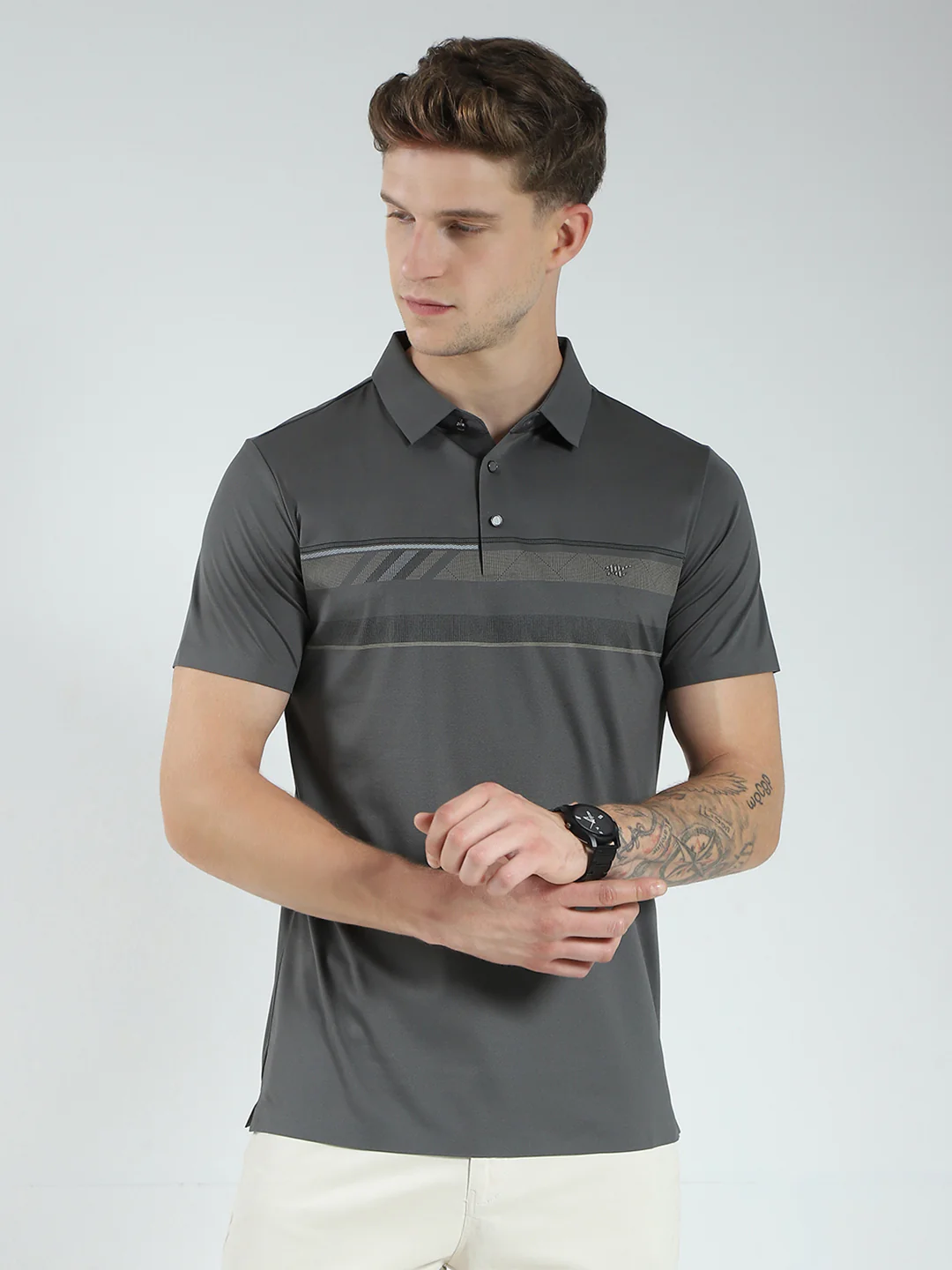 Men Charcoal Printed Collar Half Sleeve T-Shirt