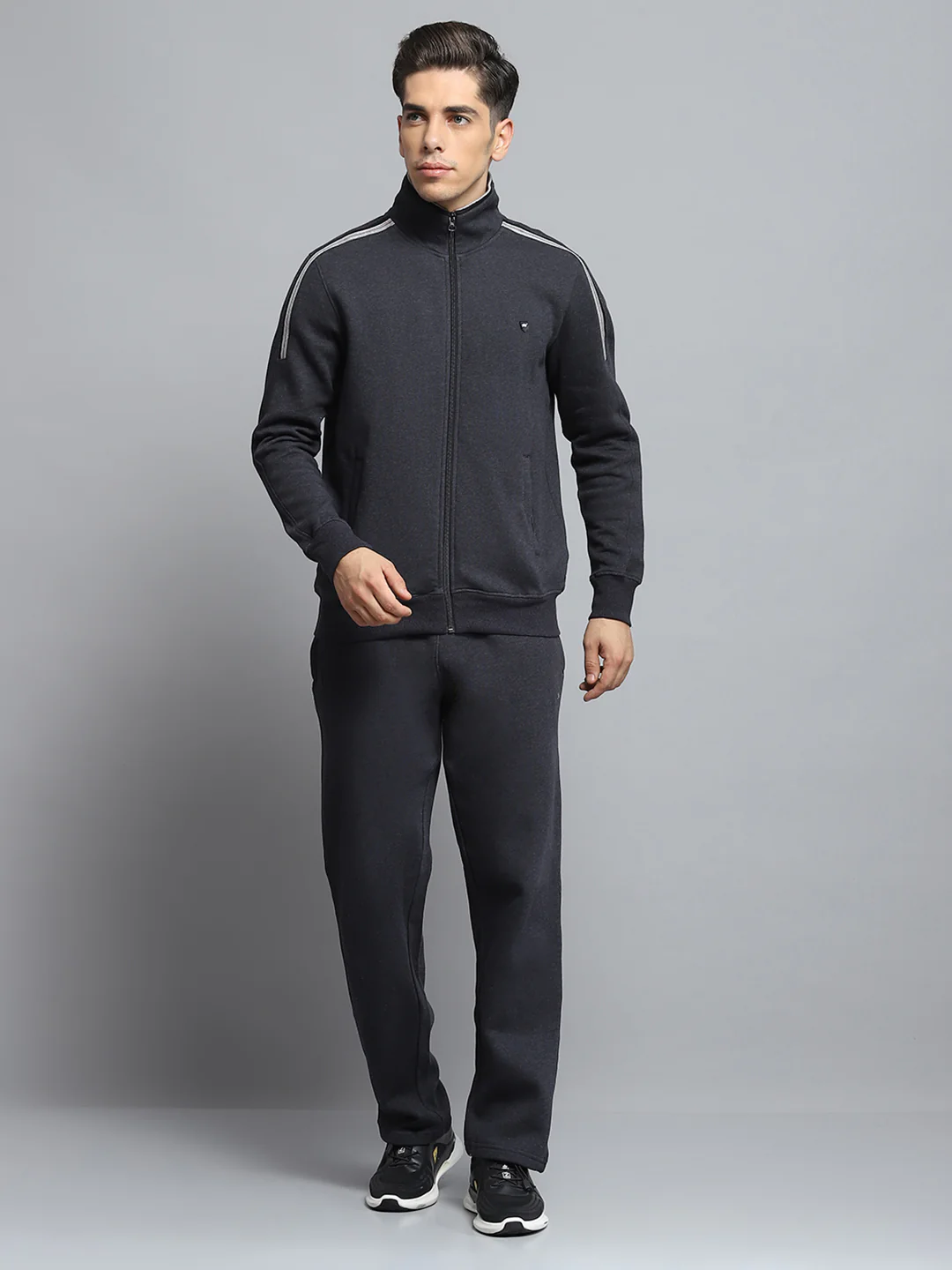 Men Charcoal Solid Mock Neck Full Sleeve Winter Tracksuit