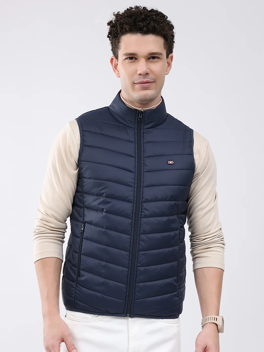 Men Dark Blue Solid Collar Sleeveless Jacket