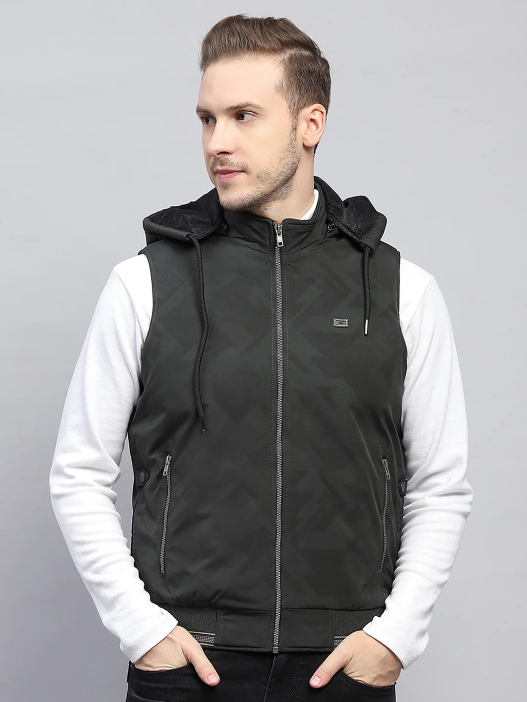 Men Dark Green Printed Hooded Sleeveless Jacket