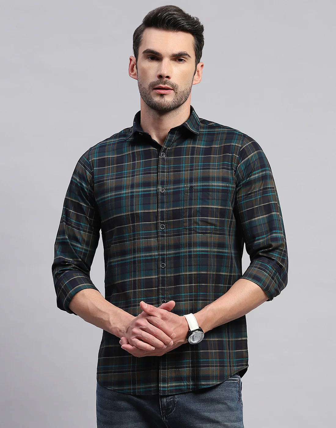 Men Green Check Collar Neck Full Sleeve Shirt