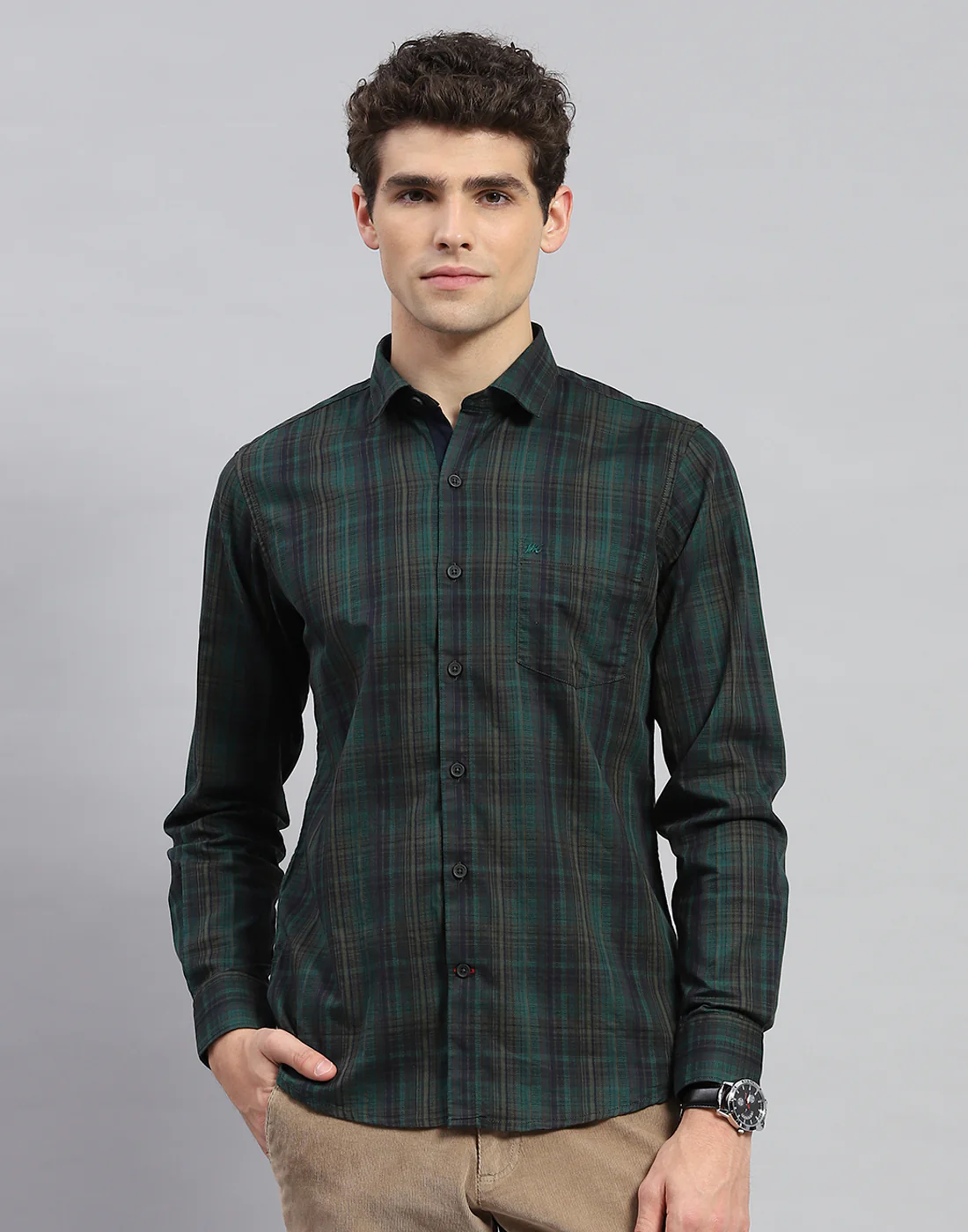 Men Green Check Collar Neck Full Sleeve Shirt
