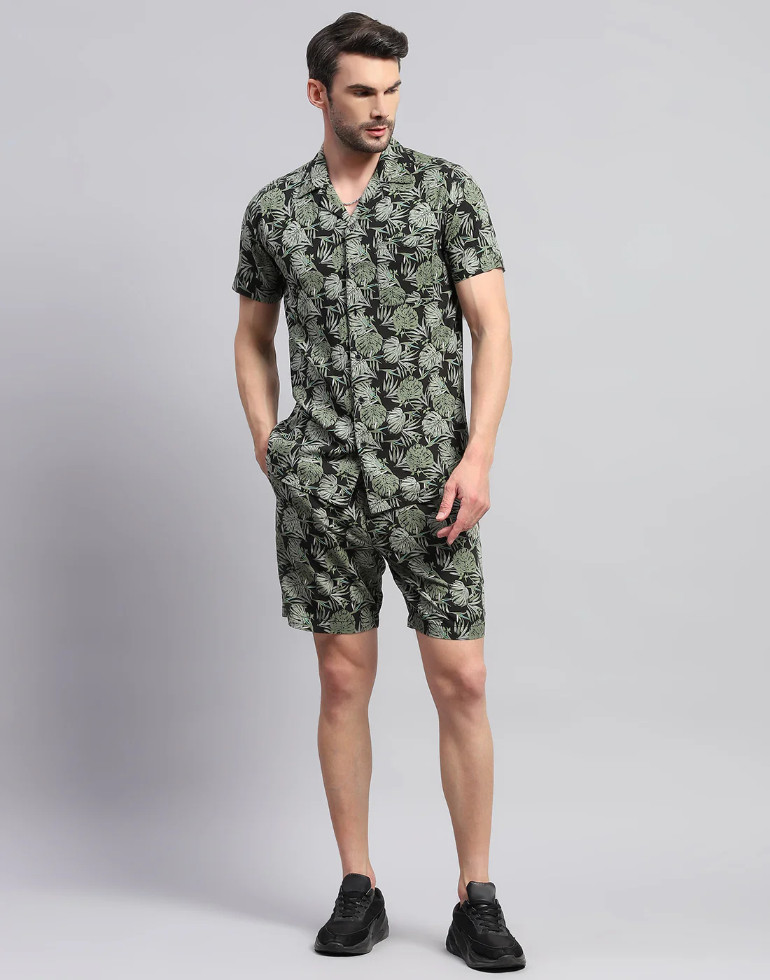 Men Green Printed Collar Neck Half Sleeve Cords Set