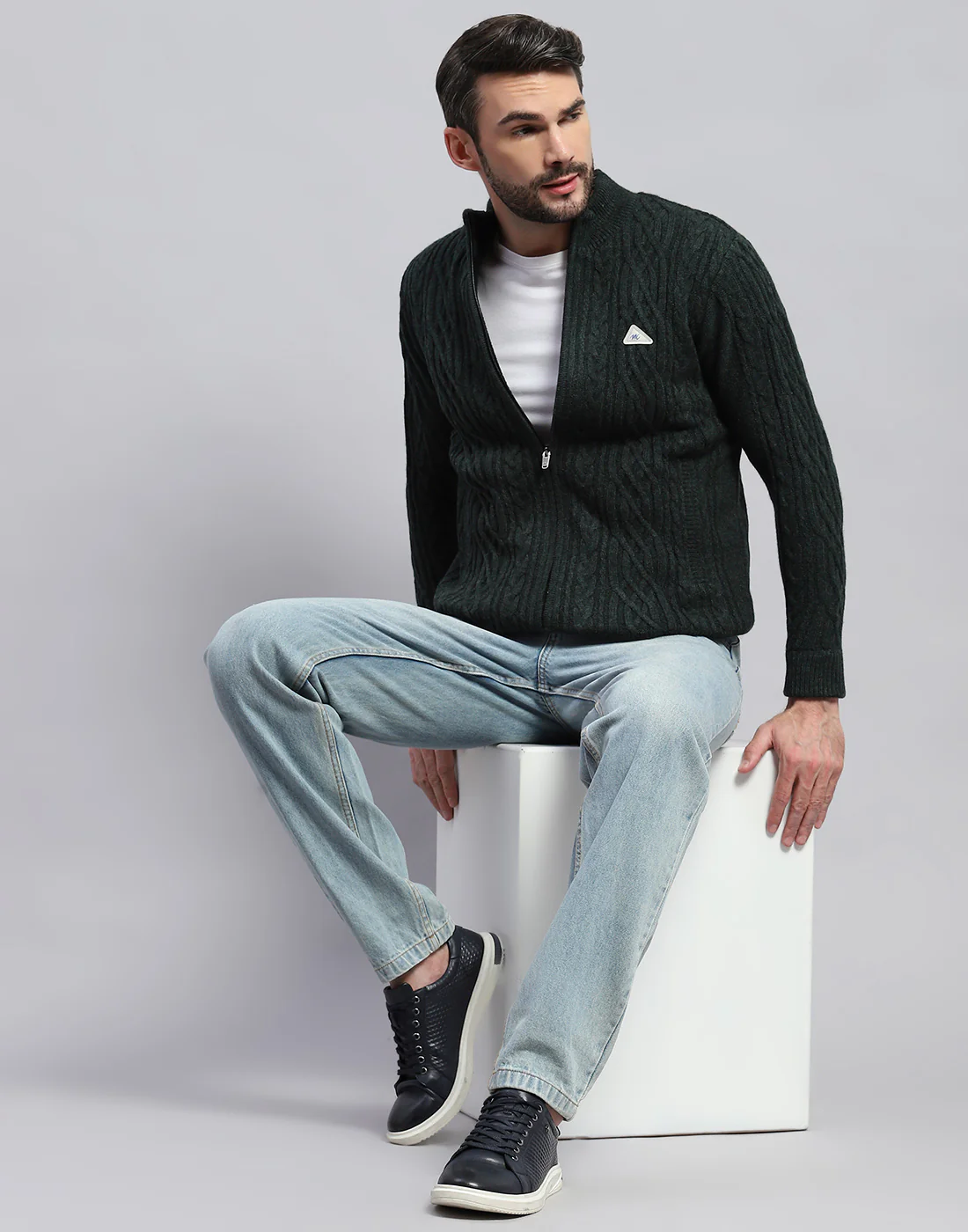 Men Green Self Design Turtle Neck Full Sleeve Jacket