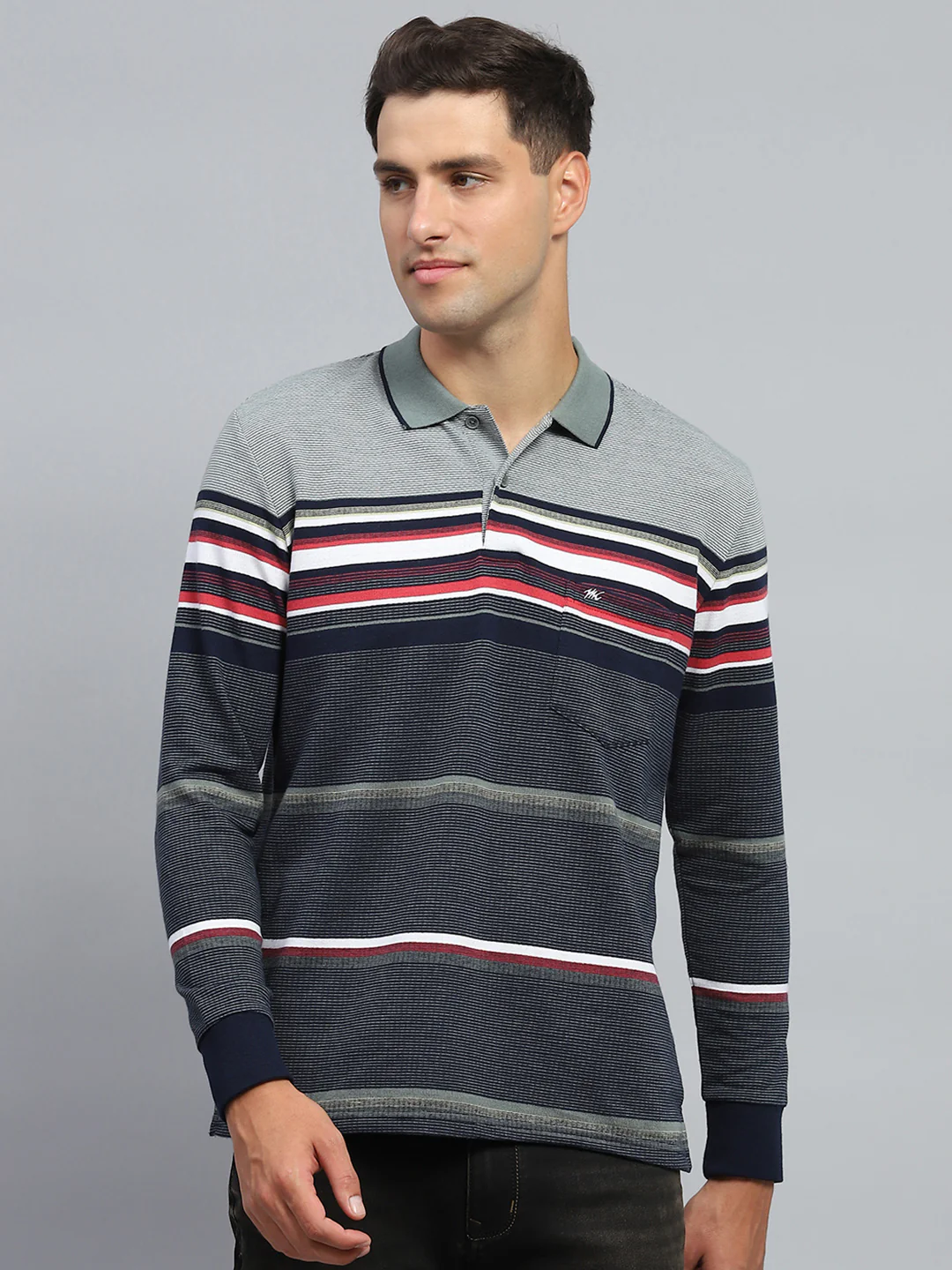 Men Green Stripe Collar Full Sleeve Winter T-Shirt