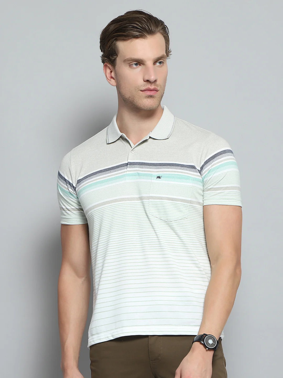 Men Green Stripe Collar Half Sleeve T-Shirt