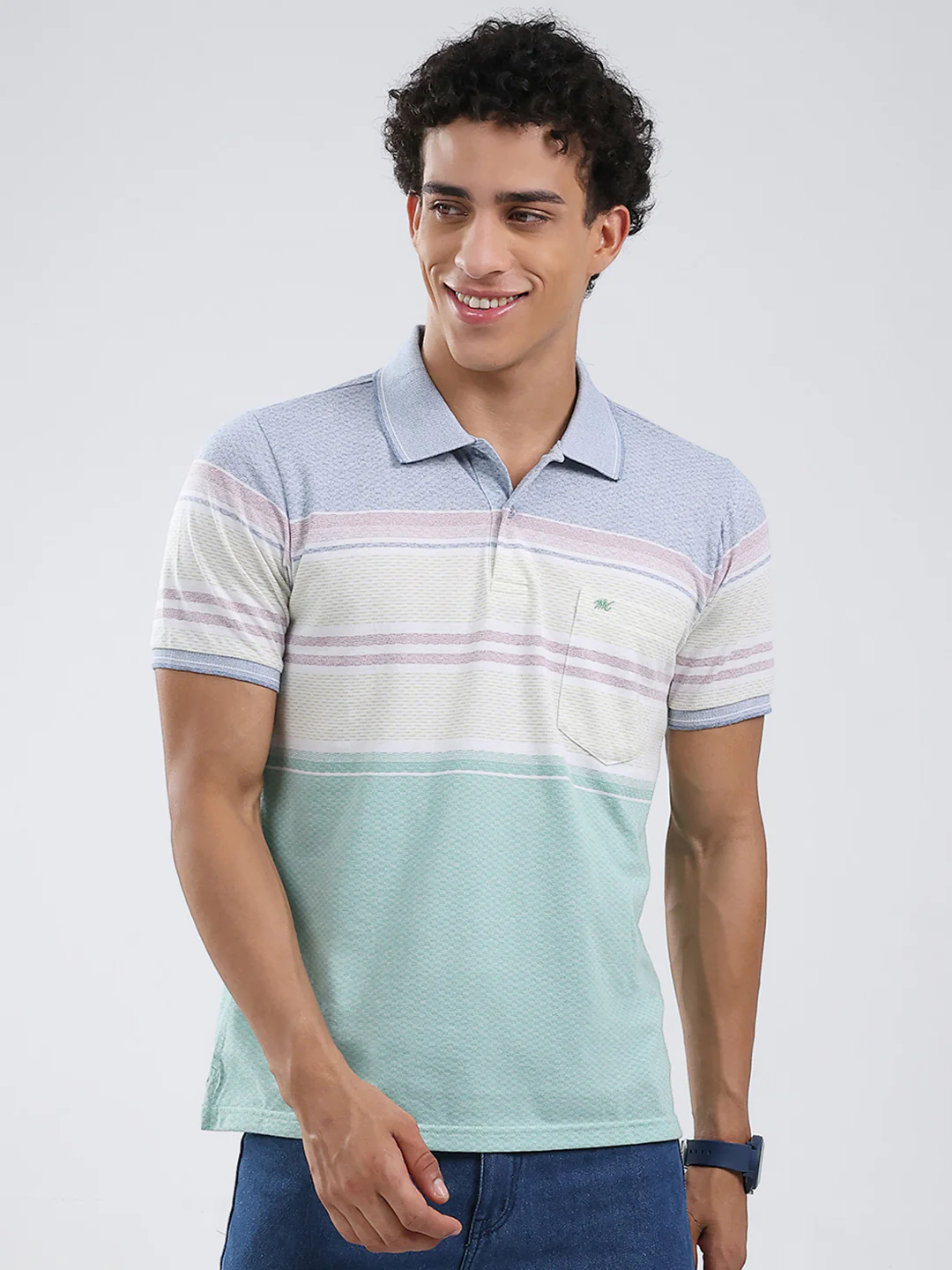 Men Green Stripe Collar Half Sleeve T-Shirt