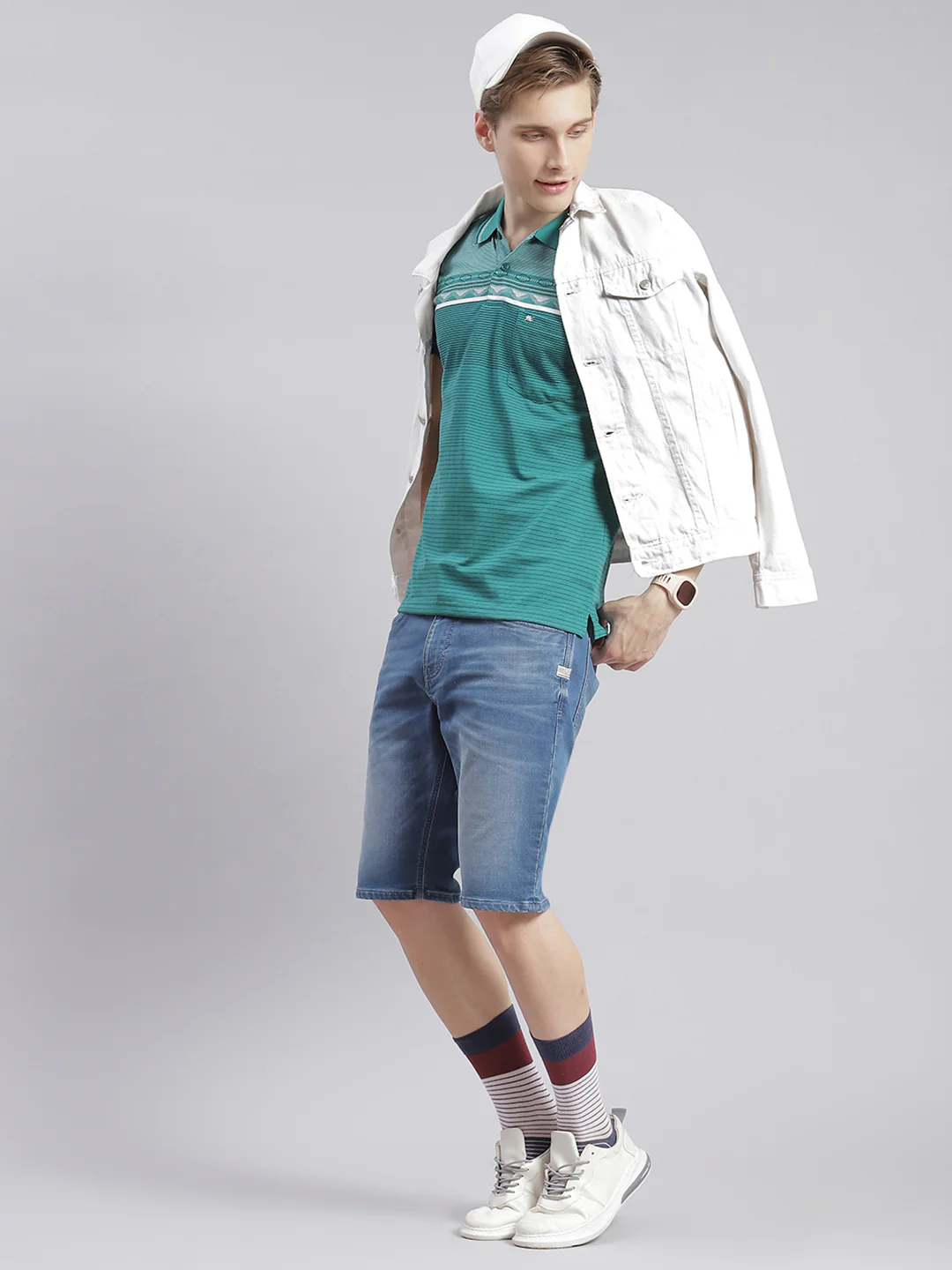Men Green Stripe Collar Half Sleeve T-Shirts