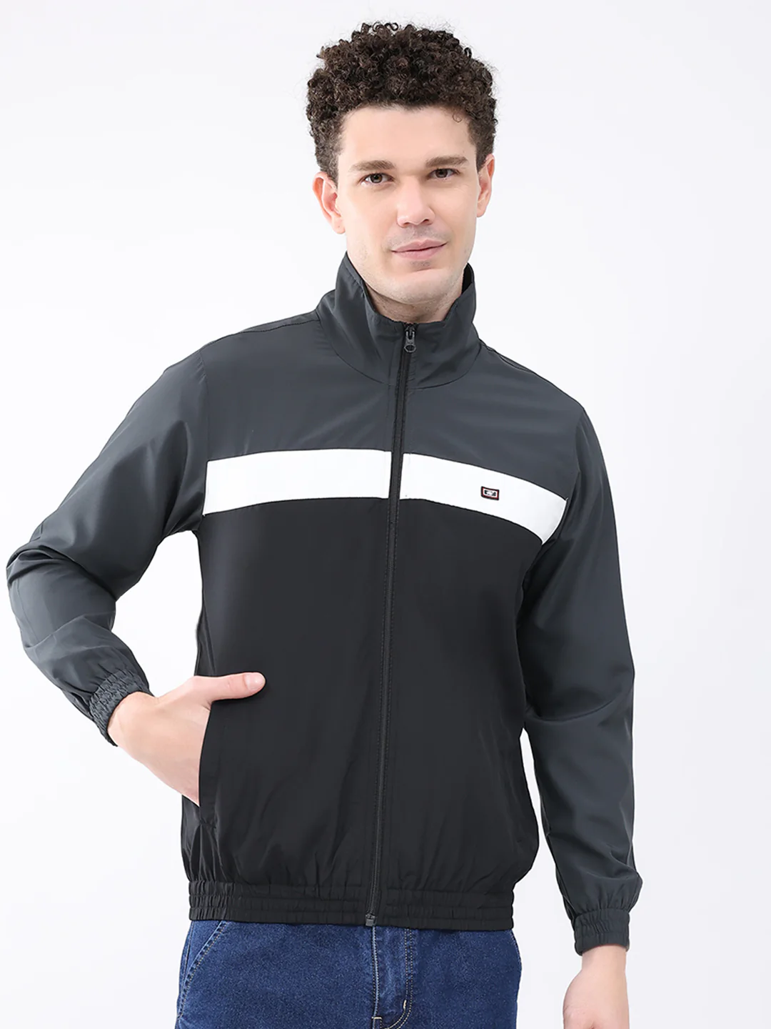 Men Grey Printed Collar Full Sleeve Jacket