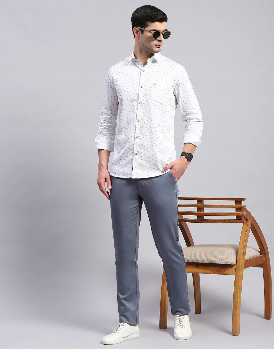 Men Grey Printed Collar Full Sleeve Shirt - Image 2
