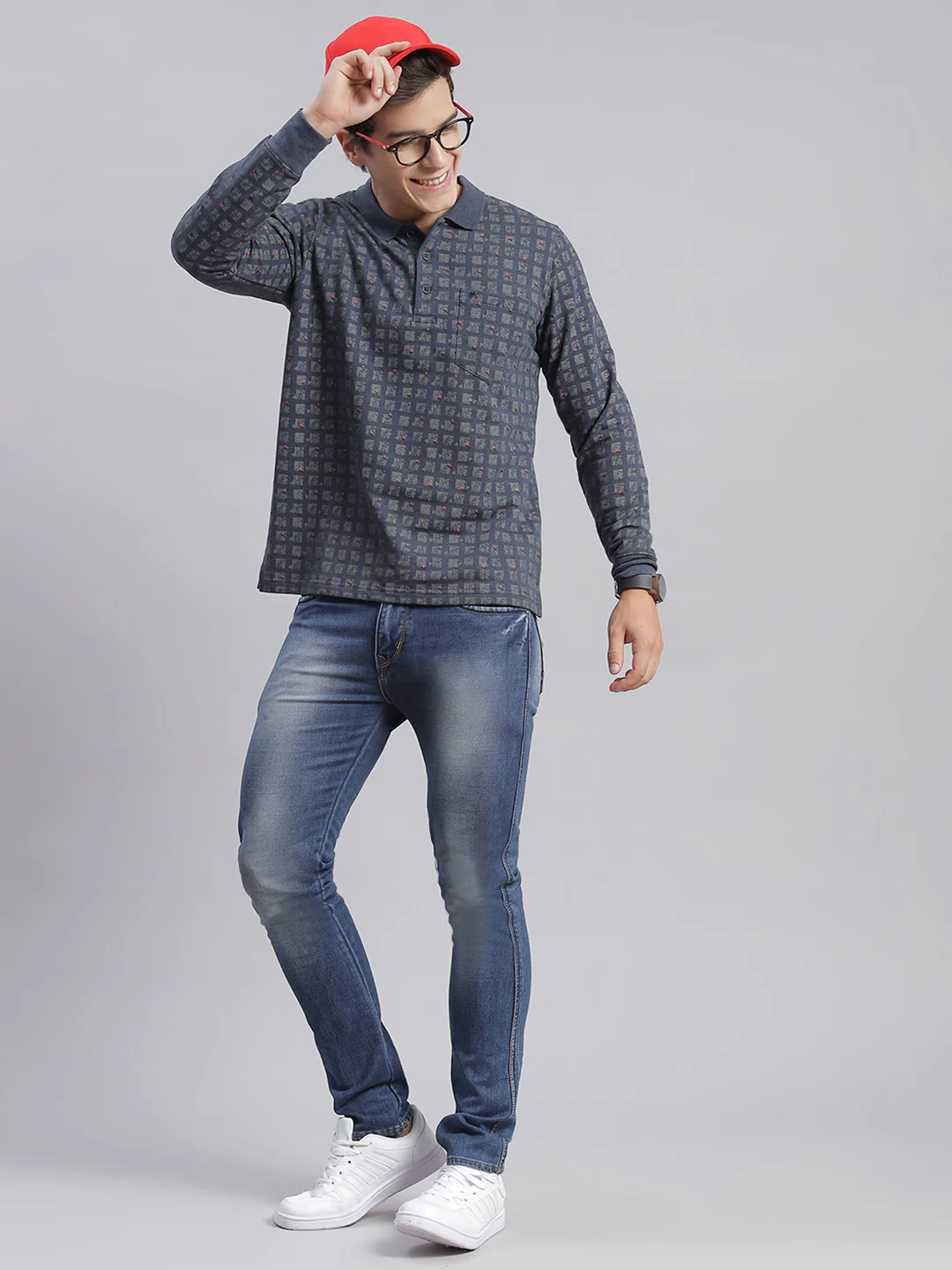Men Grey Printed Collar Full Sleeve T-Shirts