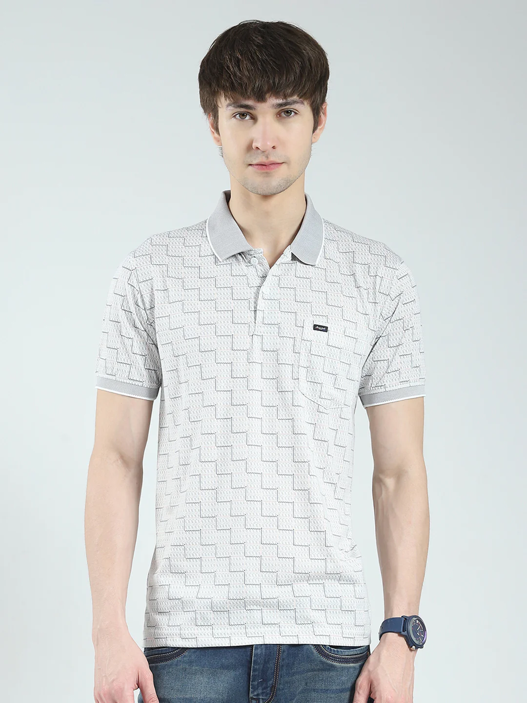 Men Grey Printed Collar Half Sleeve T-Shirt