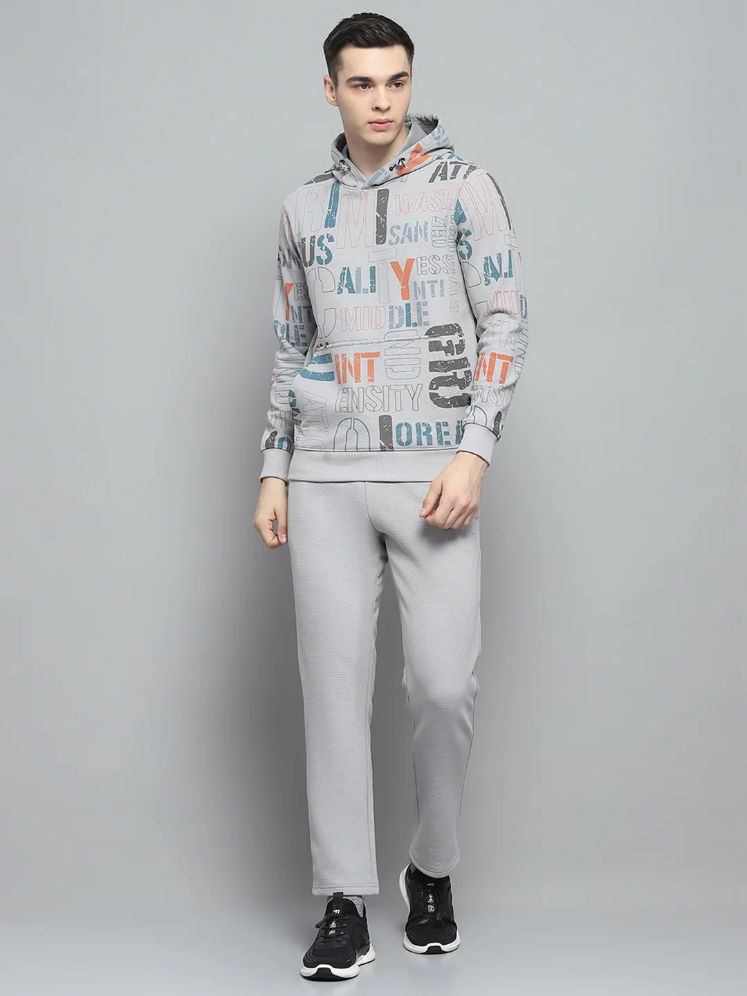 Men Grey Printed Hooded Full Sleeve Winter Tracksuit