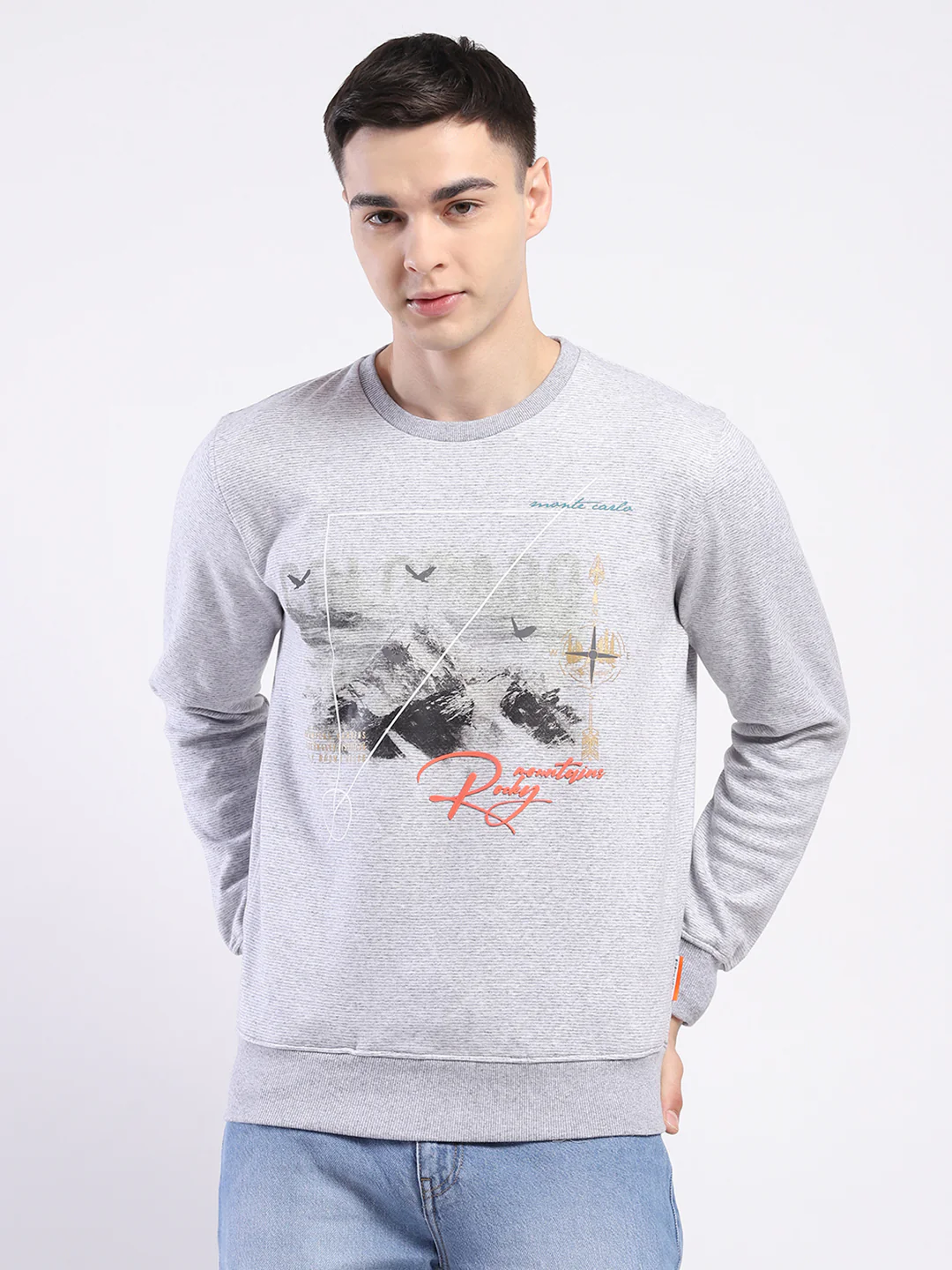 Men Grey Printed Round Neck Full Sleeve Sweatshirt
