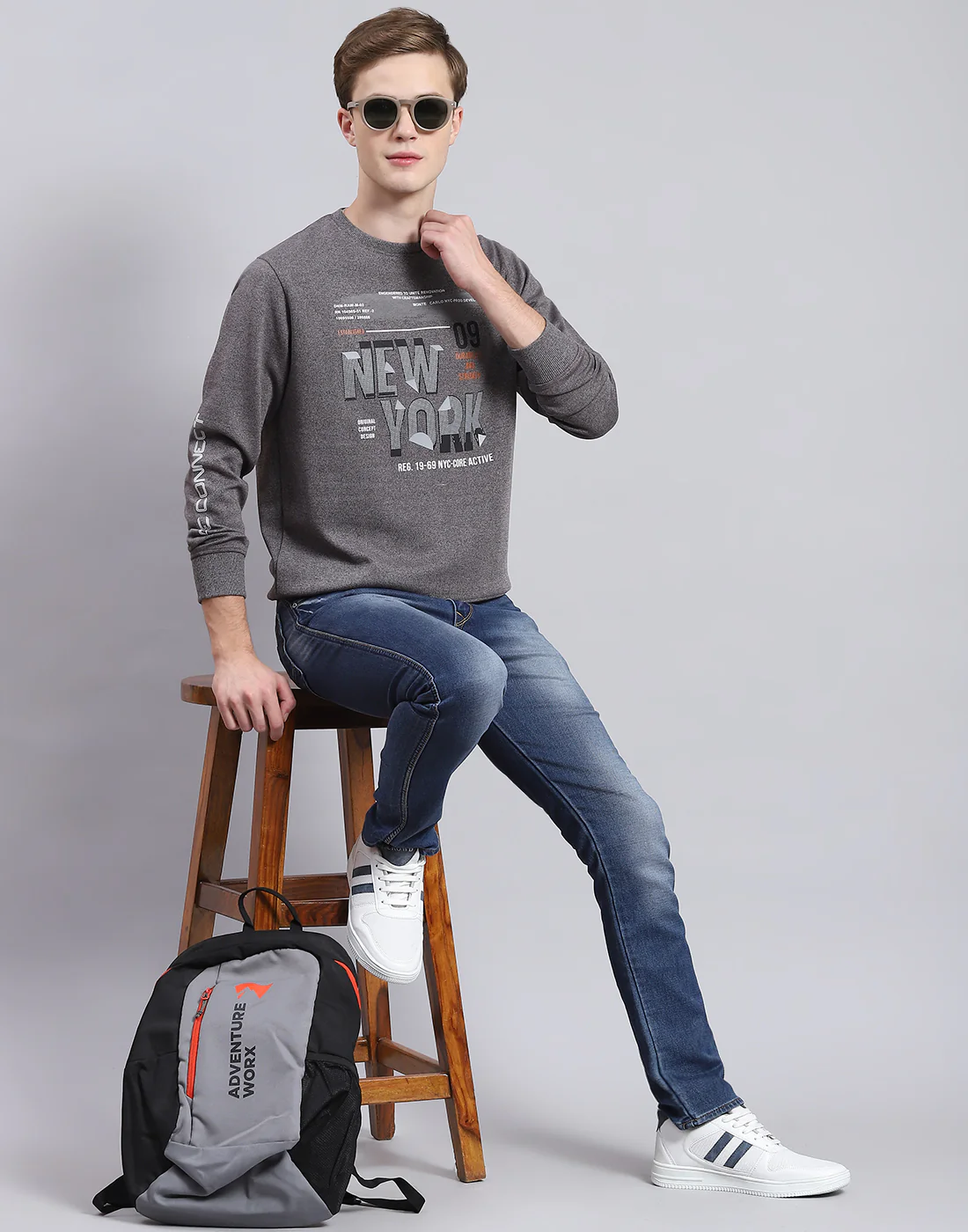 Men Grey Printed Round Neck Full Sleeve T-Shirt