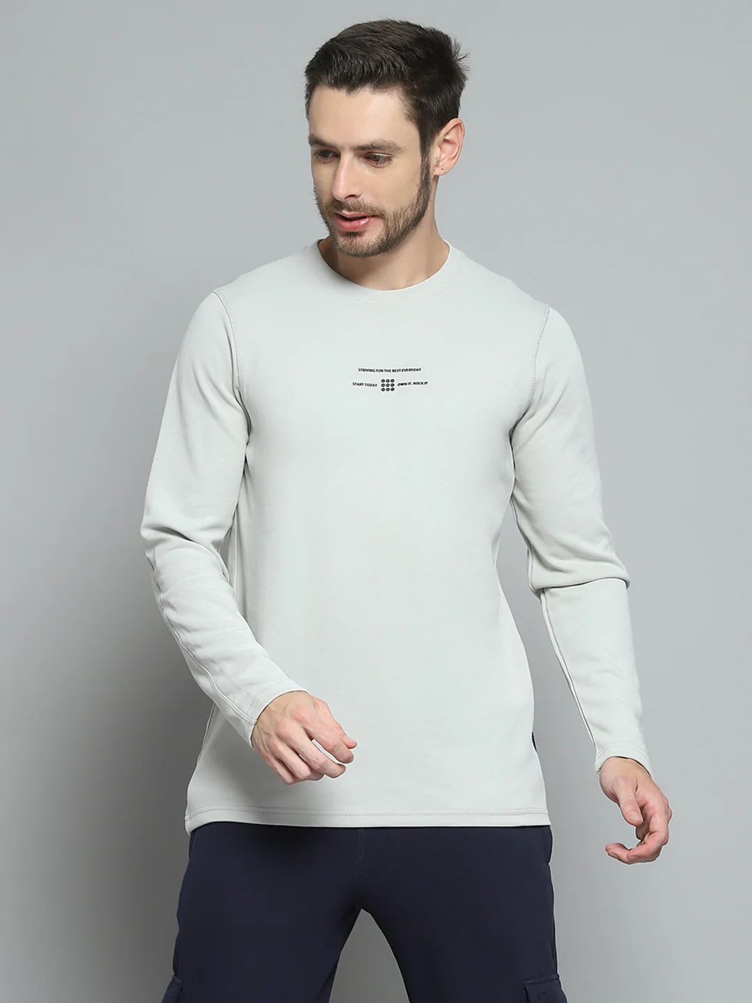 Rock.it Men Grey Printed Round Neck Full Sleeve Winter T-Shirt