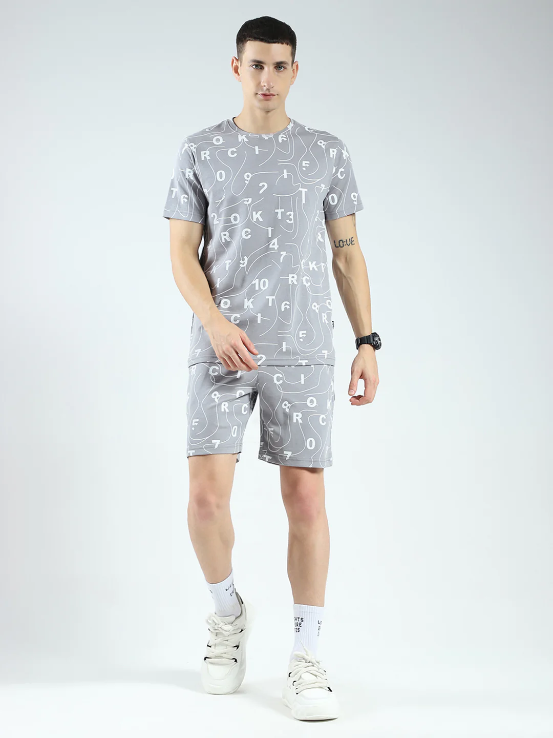 Rock.it Men Grey Printed Round Neck Half Sleeve Shorts Set