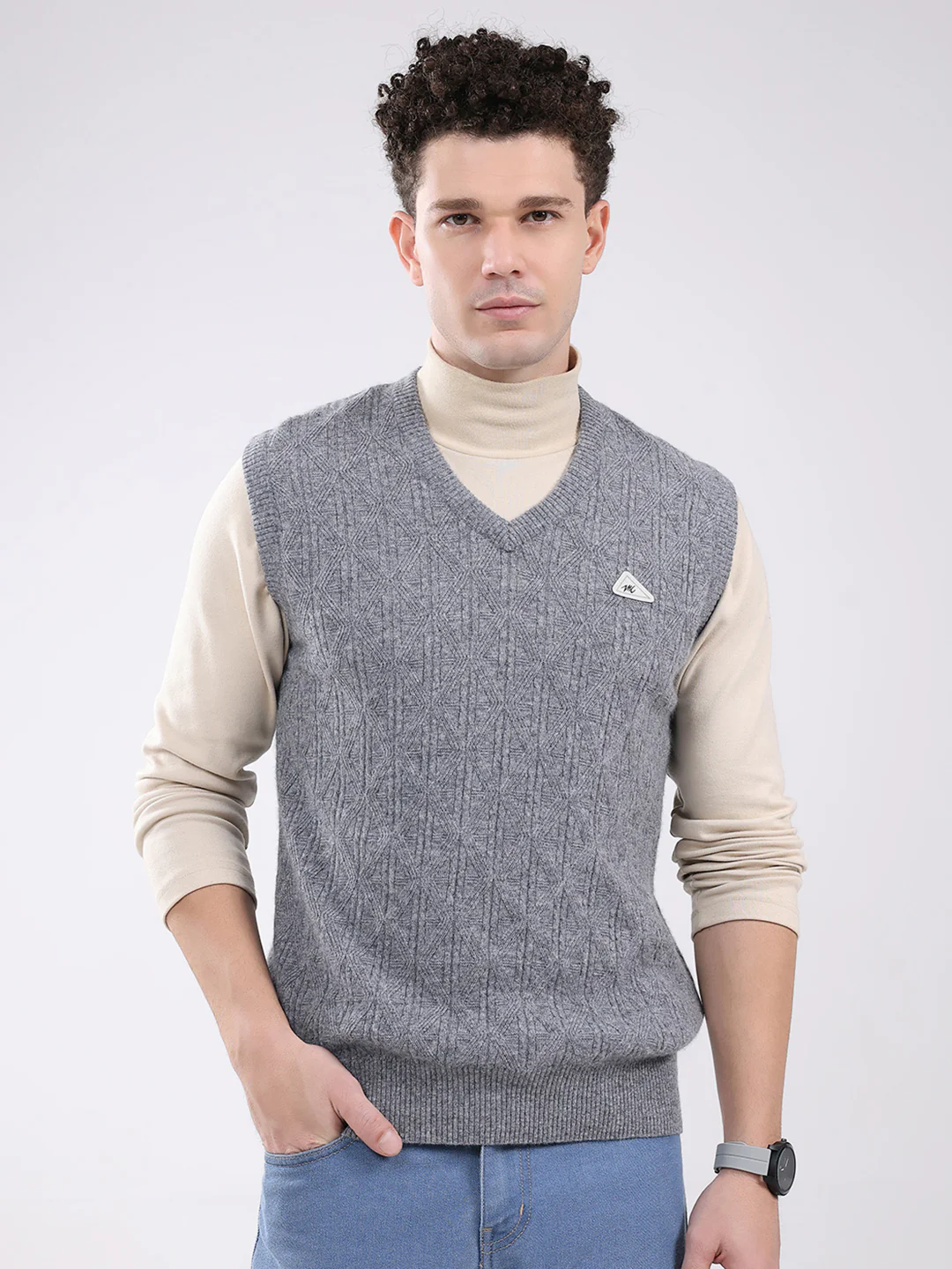 Men Grey Self Design V Neck Sleeveless Sweater
