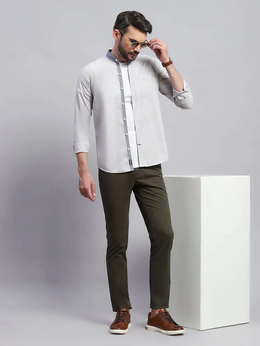 Men Grey Solid Band Collar Full Sleeve Shirt