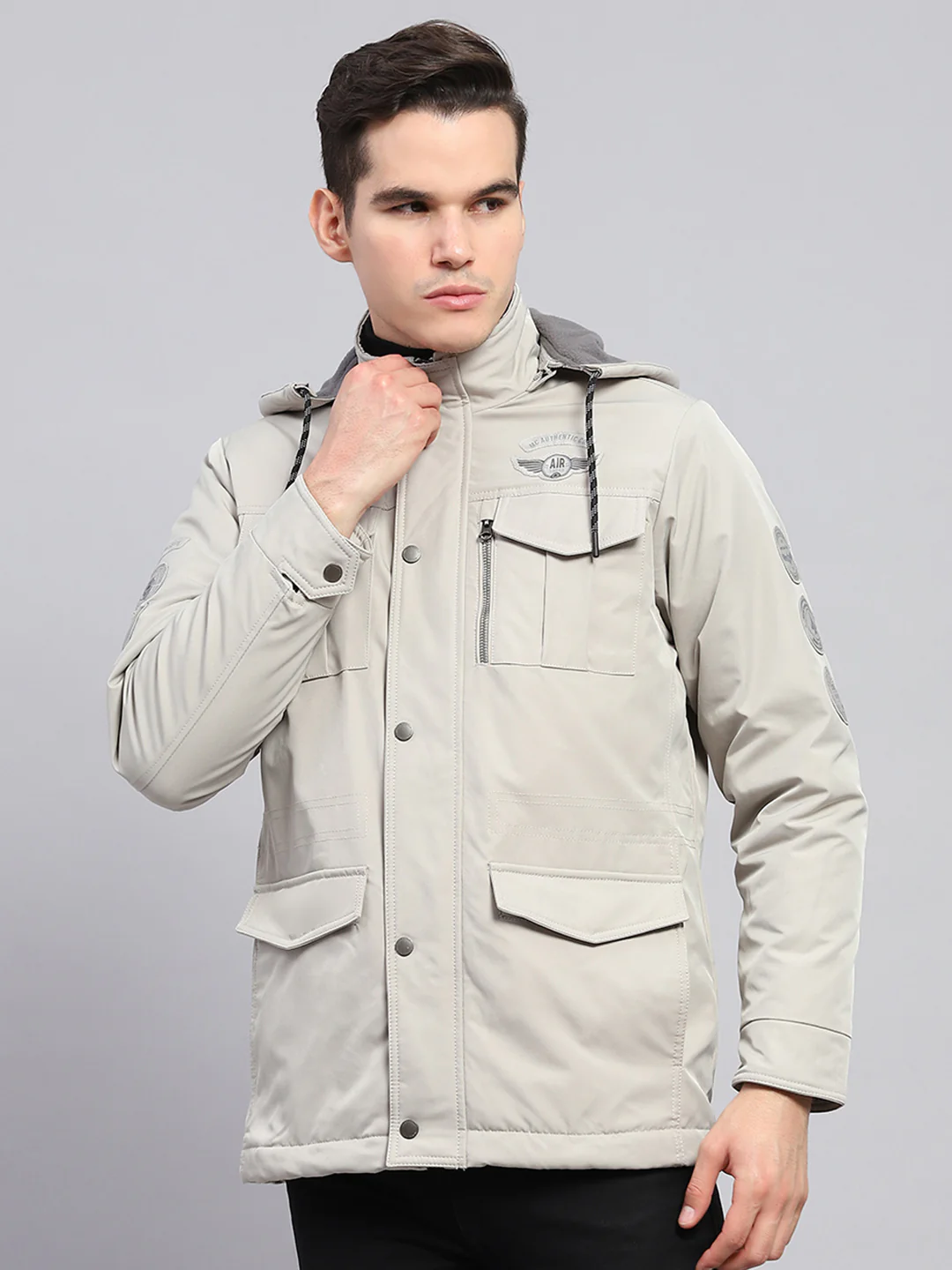 Men Grey Solid Detachable Hood Full Sleeve Jacket