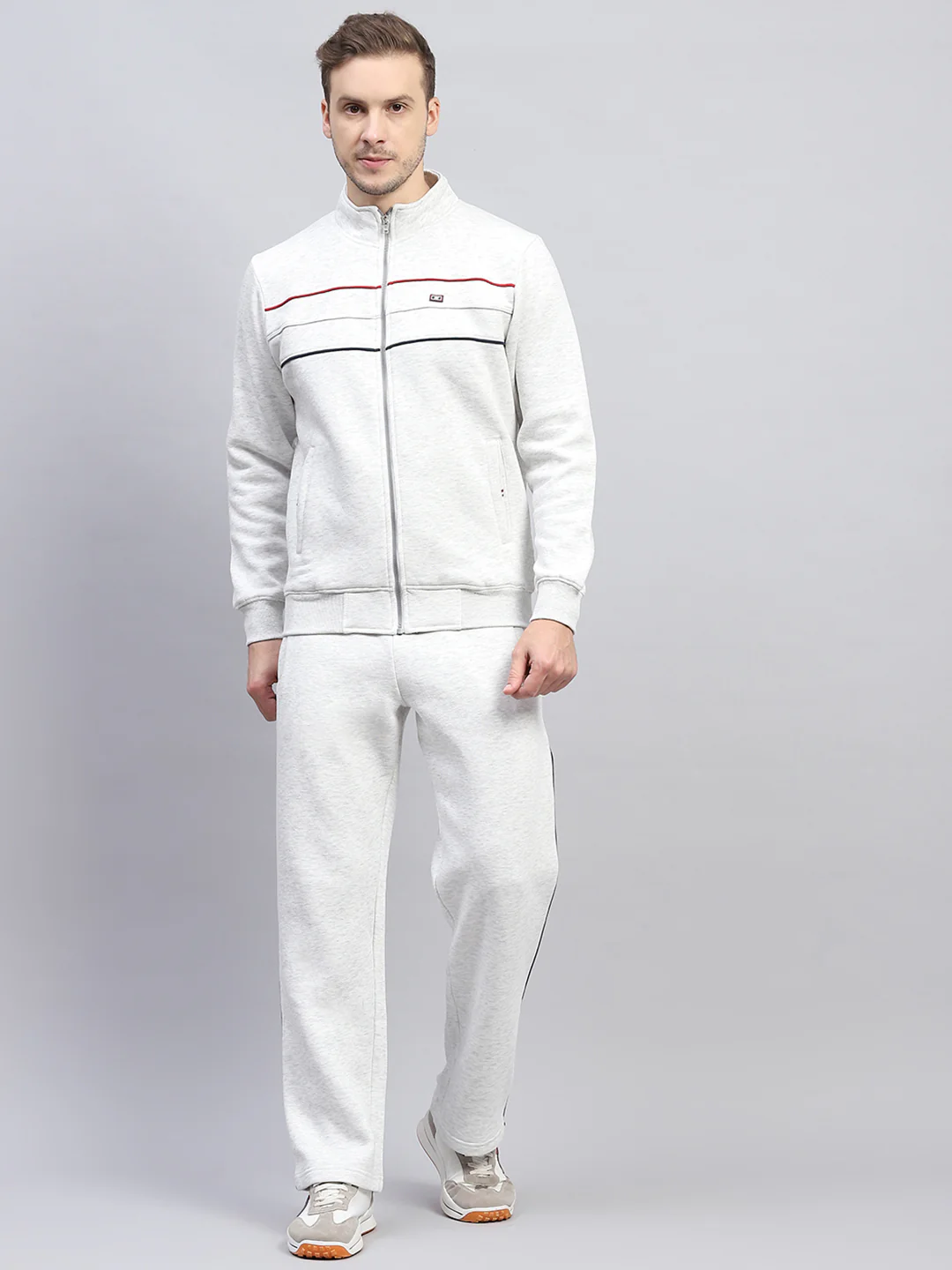 Men Grey Solid Mock Neck Full Sleeve Winter Tracksuit