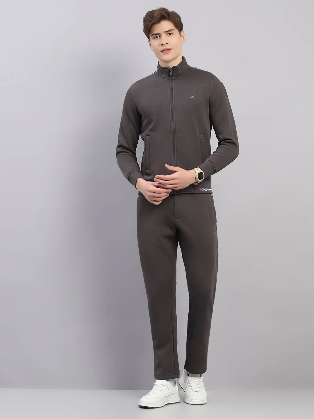 Men Grey Solid Stand Collar Full Sleeve Winter Tracksuit
