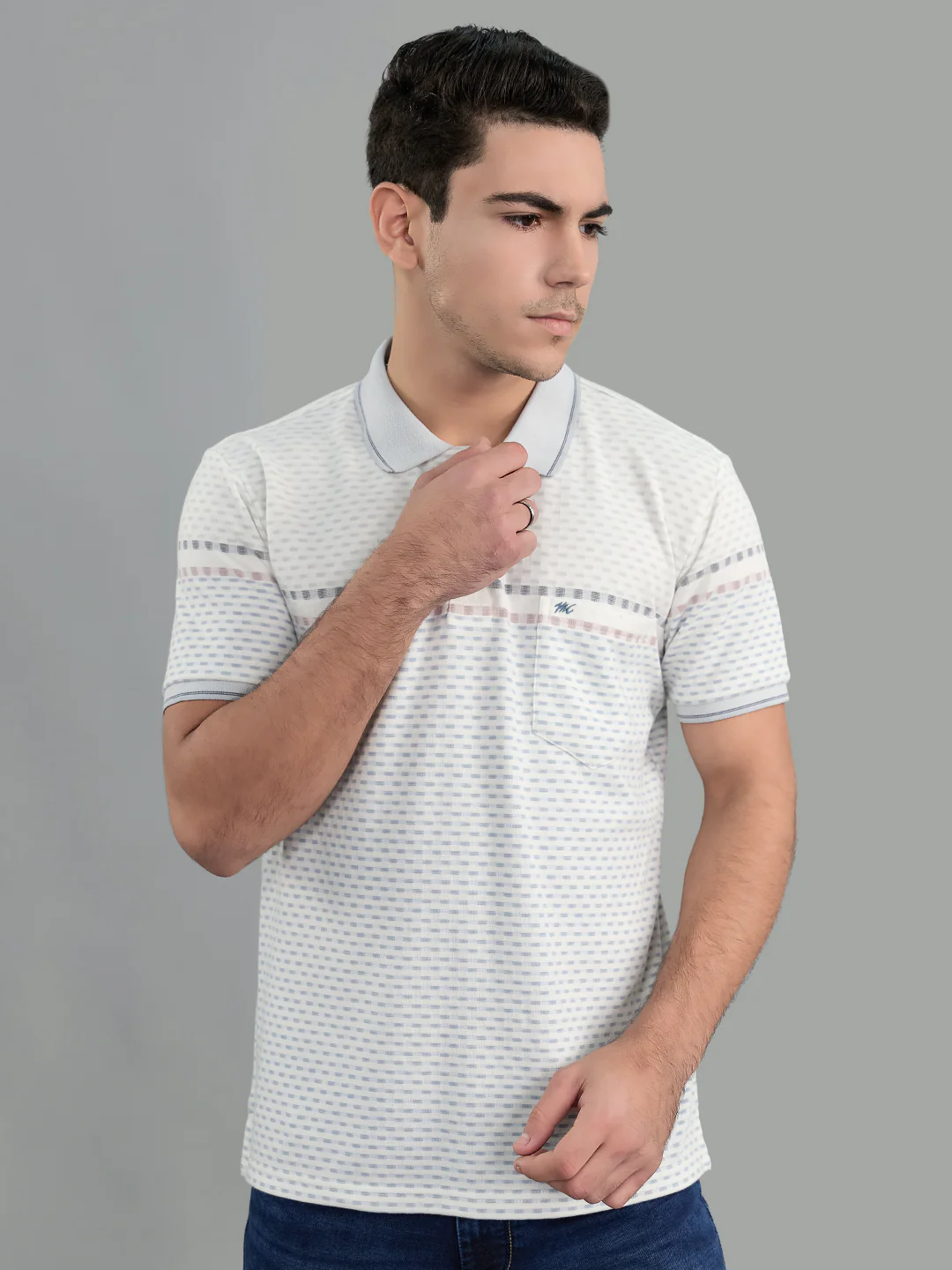 Men Grey Stripe Collar Half Sleeve T-Shirt