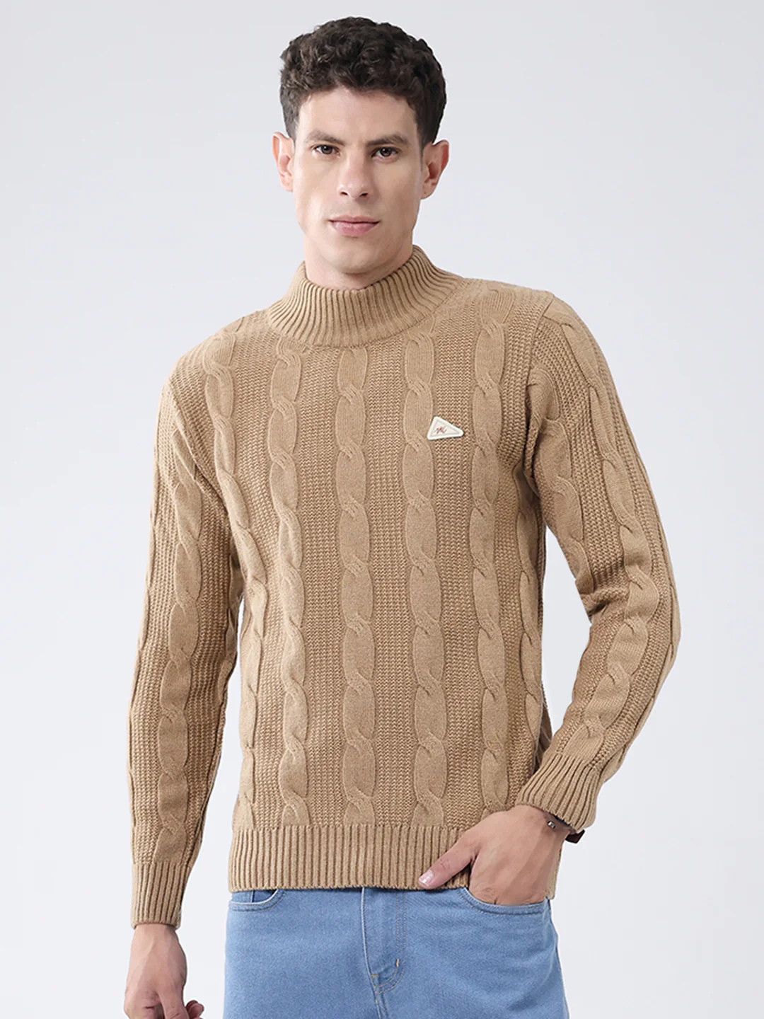Men Khaki Self Design Turtle Neck Full Sleeve Pullover