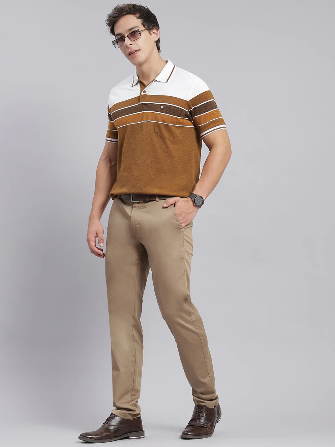 Men Khaki Solid Regular Fit Trousers