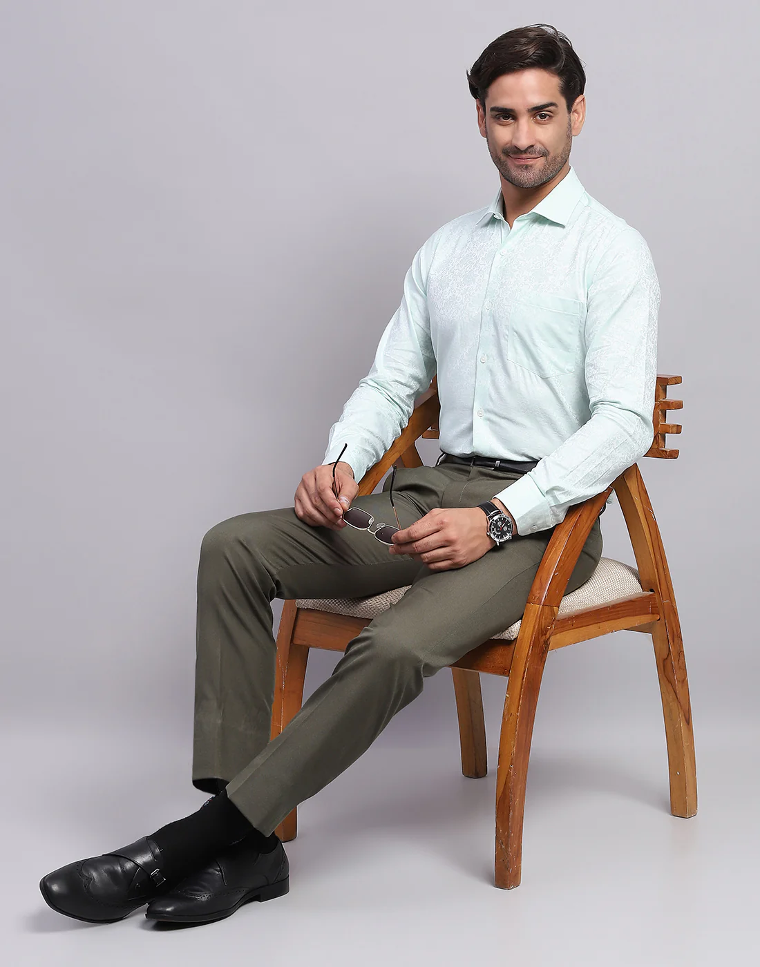 Luxuria Men Light Blue Self Design Collar Full Sleeve Shirt