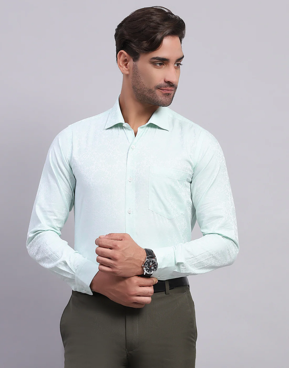 Luxuria Men Light Blue Self Design Collar Full Sleeve Shirt - Image 2