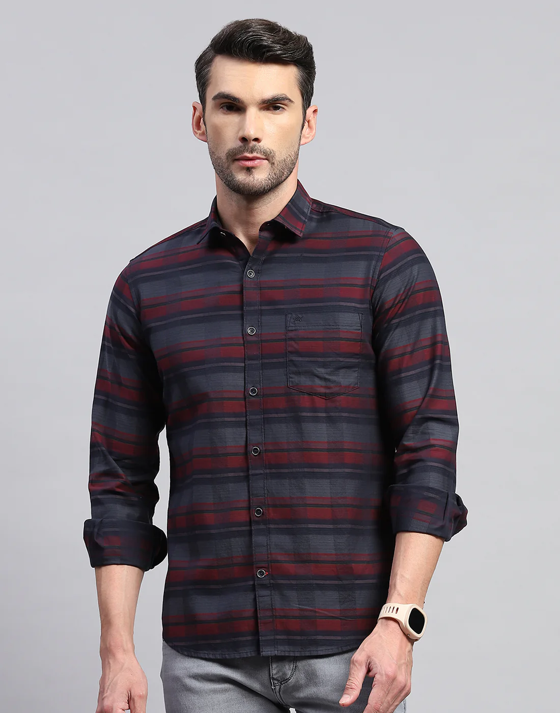 Men Maroon Check Collar Neck Full Sleeve Shirt