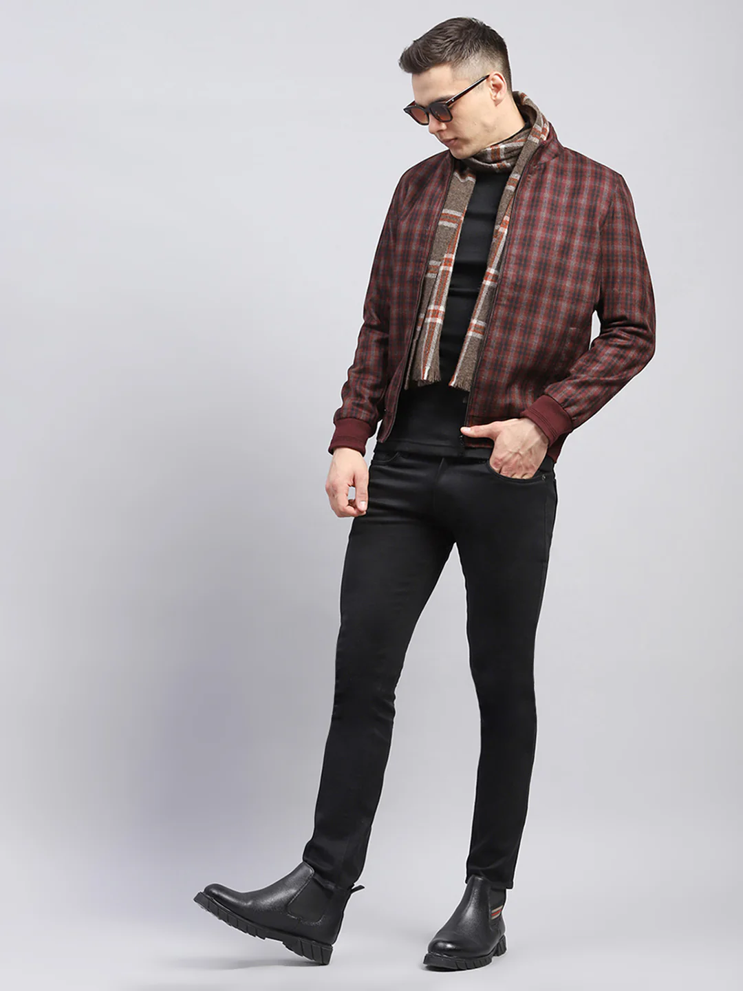 Men Maroon Check Mock Neck Full Sleeve Coat - Image 2