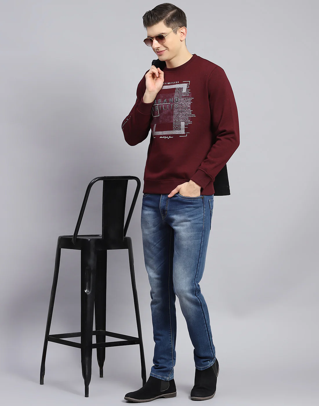Men Maroon Printed Round Neck Full Sleeve Sweatshirt