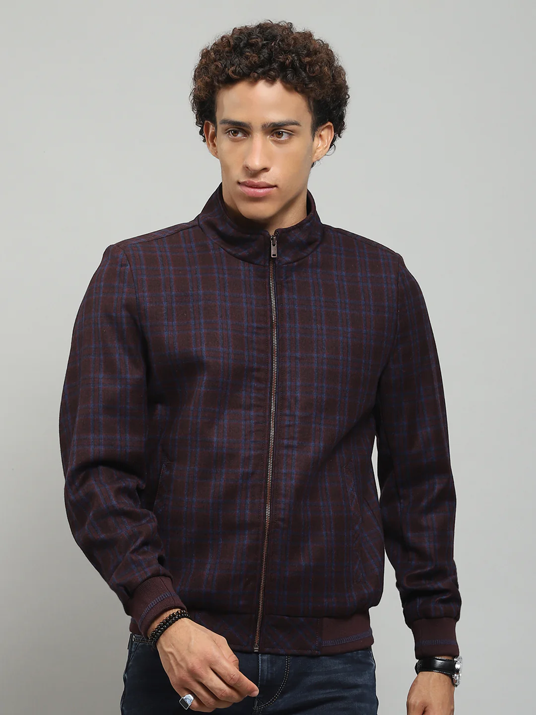 Men Maroon Solid Band Collar Full Sleeve Jacket