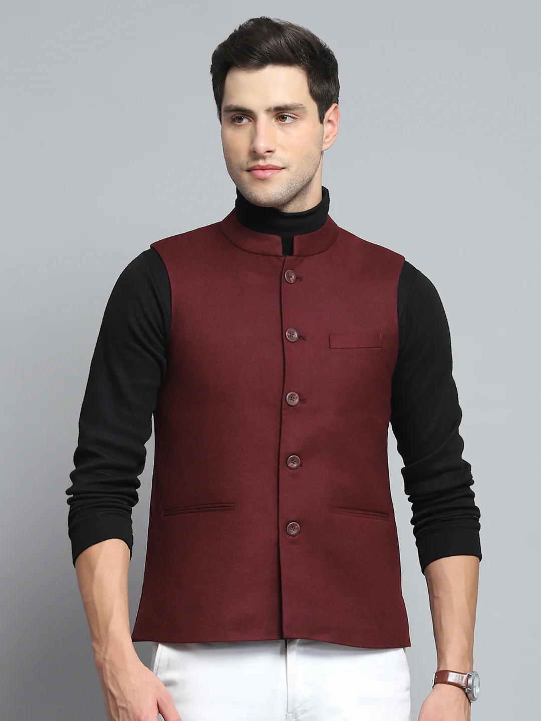Men Maroon Solid Band Collar Sleeveless Nehru Jacket