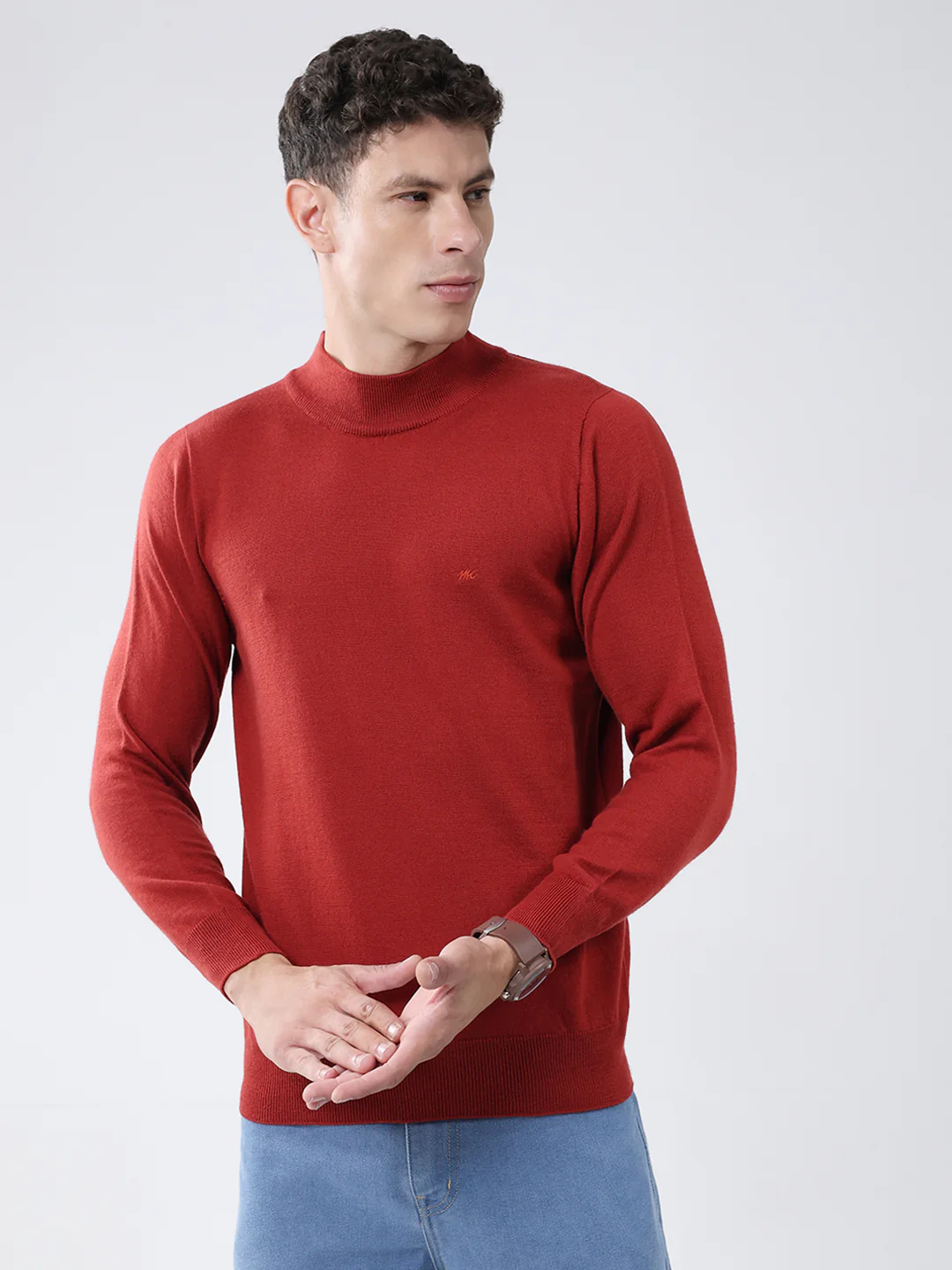 Men Maroon Solid High Neck Full Sleeve Pullover