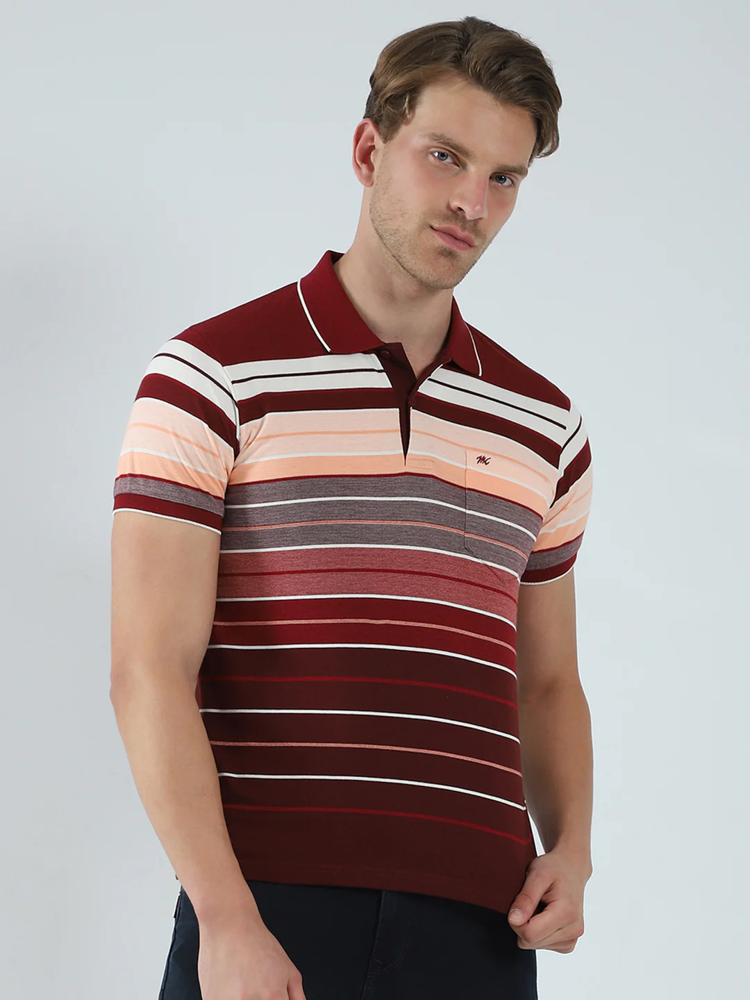 Men Maroon Stripe Collar Half Sleeve T-Shirt