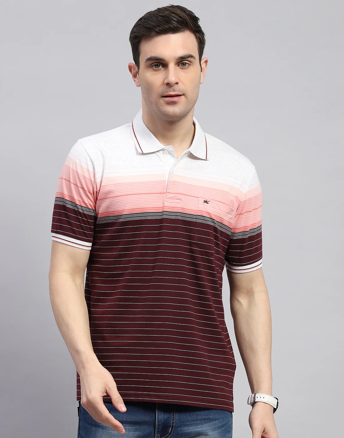 Men Maroon Stripe Polo Collar Half Sleeve T-Shirt