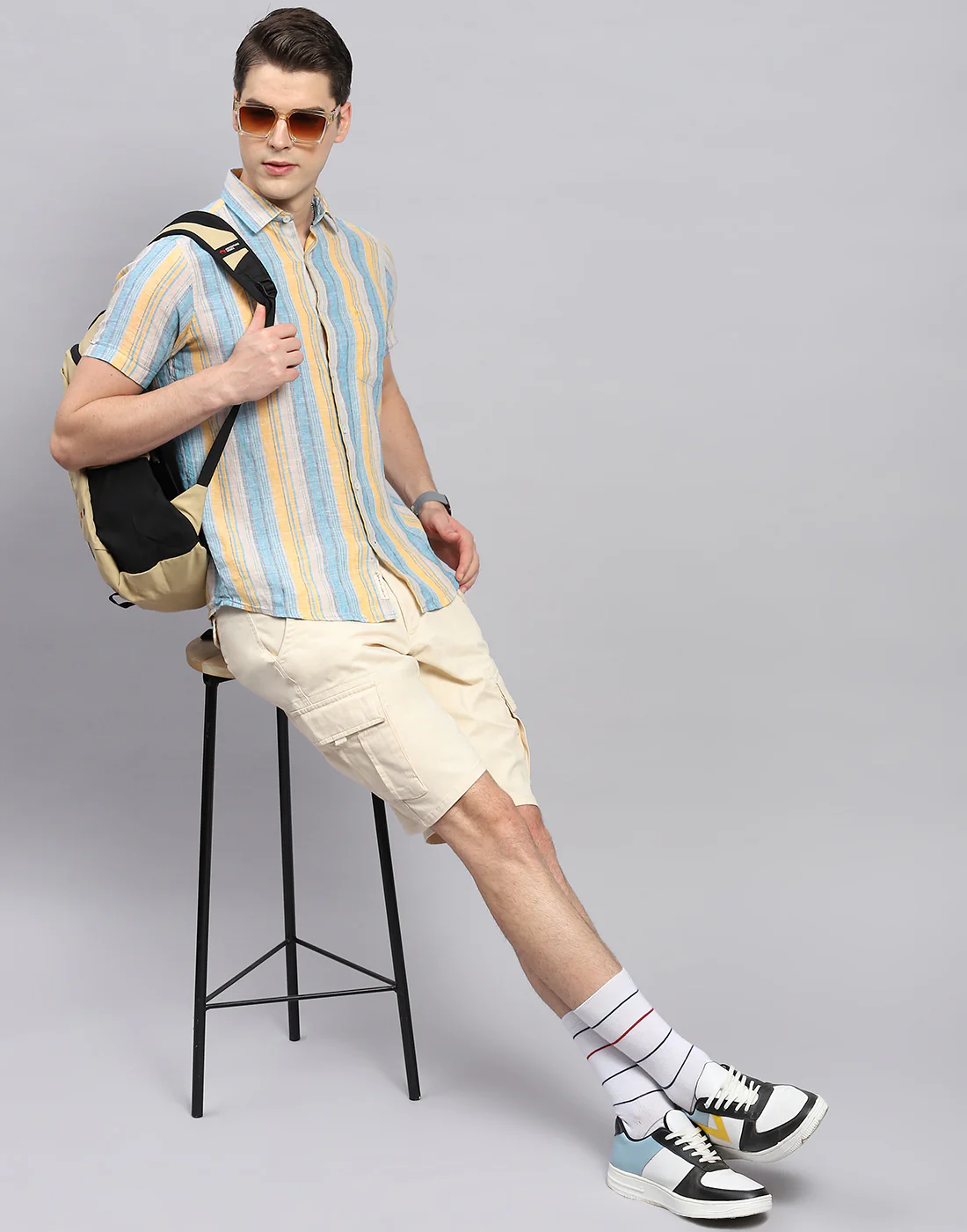 Men Multicolor Stripe Collar Neck Half Sleeve Linen Shirt - Image 2
