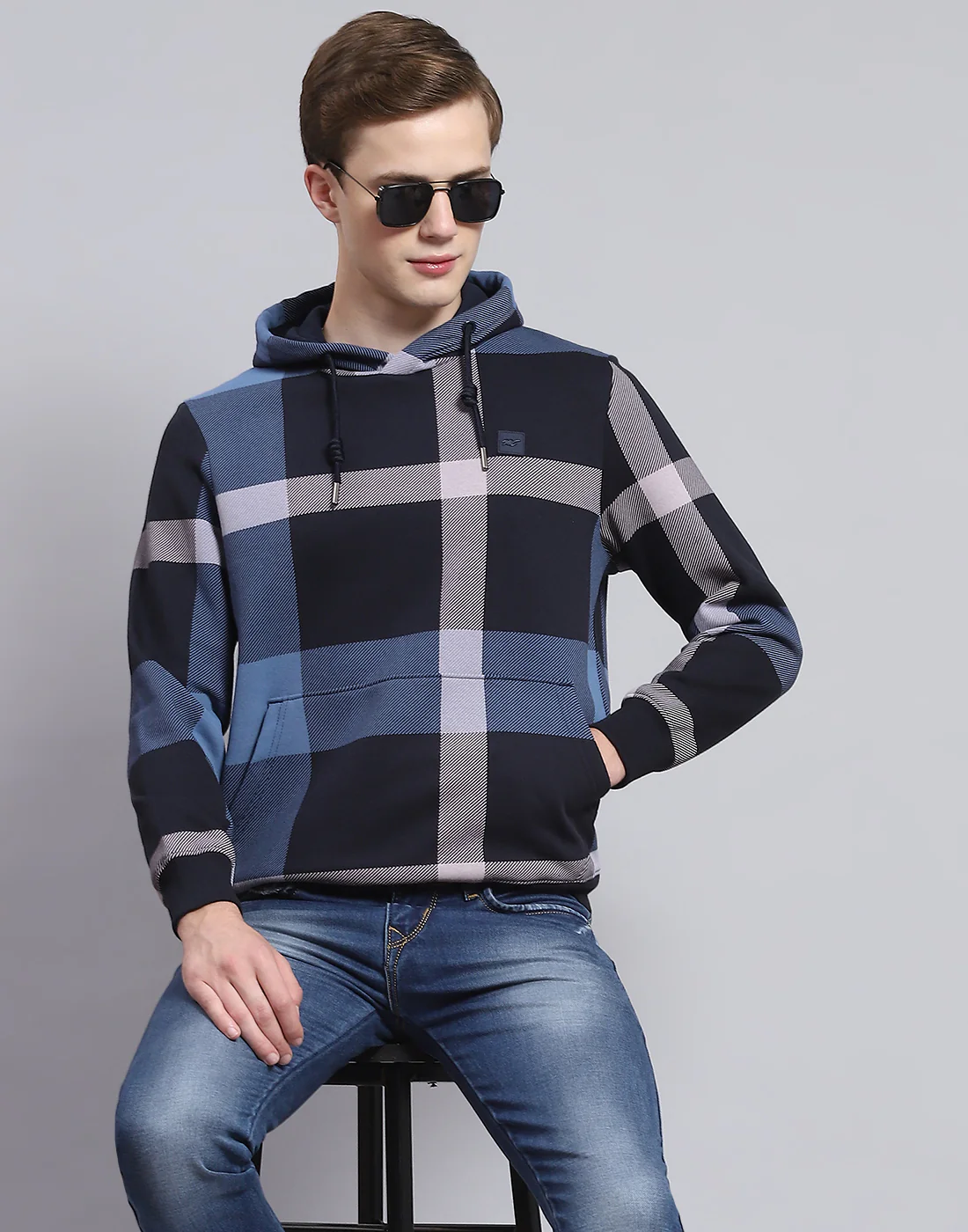 Men Navy Blue Check Hooded Full Sleeve Sweatshirt