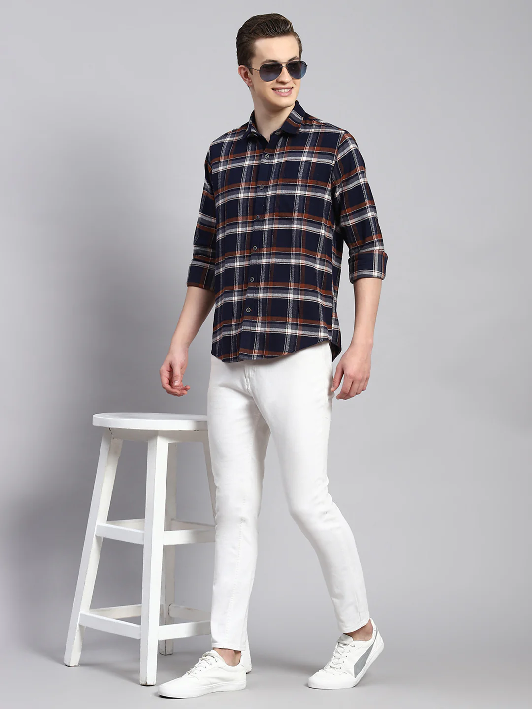 Men Navy Blue Check Shirt