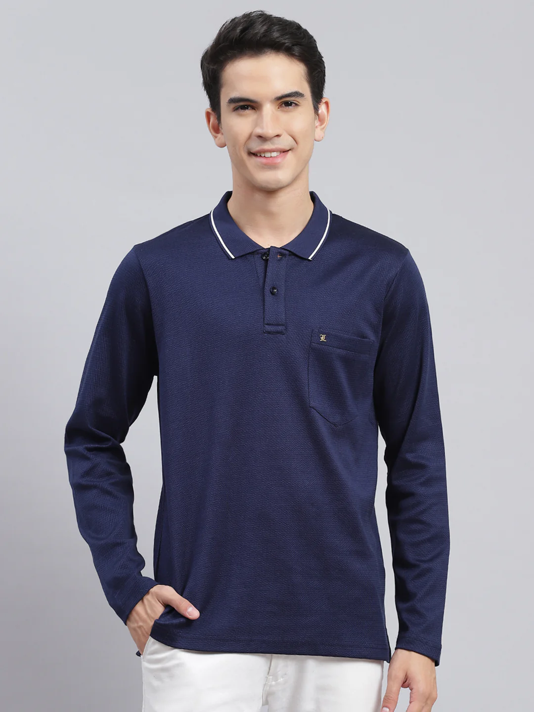 Men Navy Blue Jaquard Double Mercerized Cotton T-Shirt - Image 2