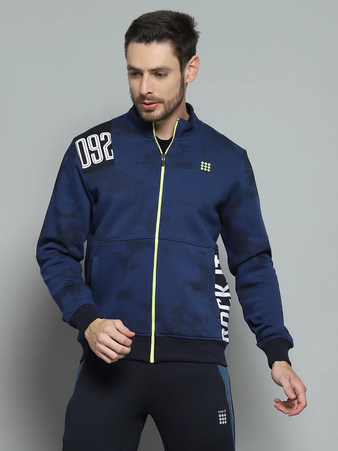 Rock.it Men Navy Blue Printed Mock Neck Full Sleeve Sweatshirt