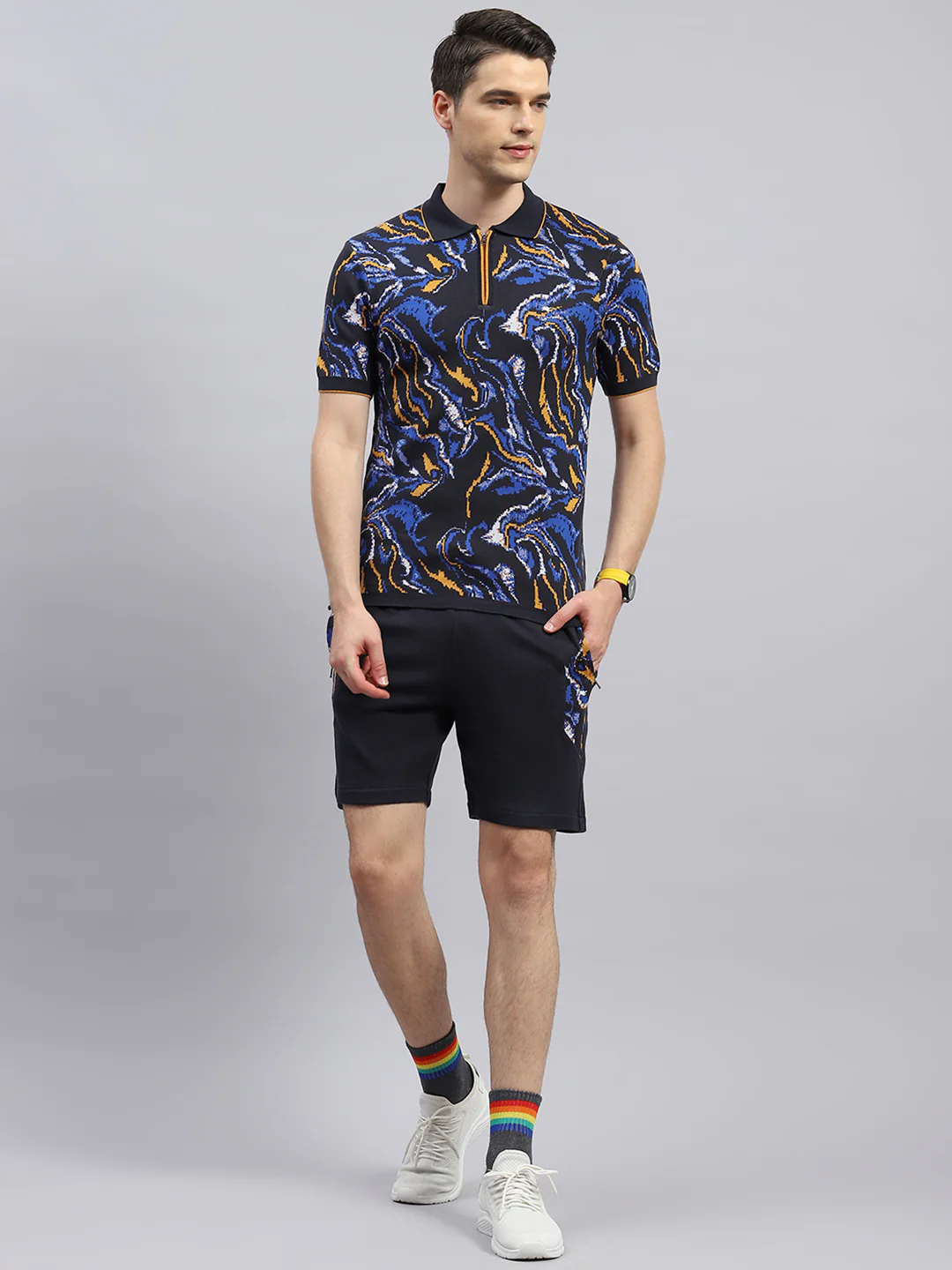Men Navy Blue Printed Regular Fit Bermuda Set - Image 2