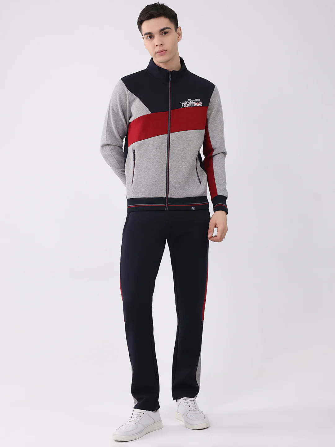 Men Navy Blue Printed Round Neck Full Sleeve Winter Tracksuit