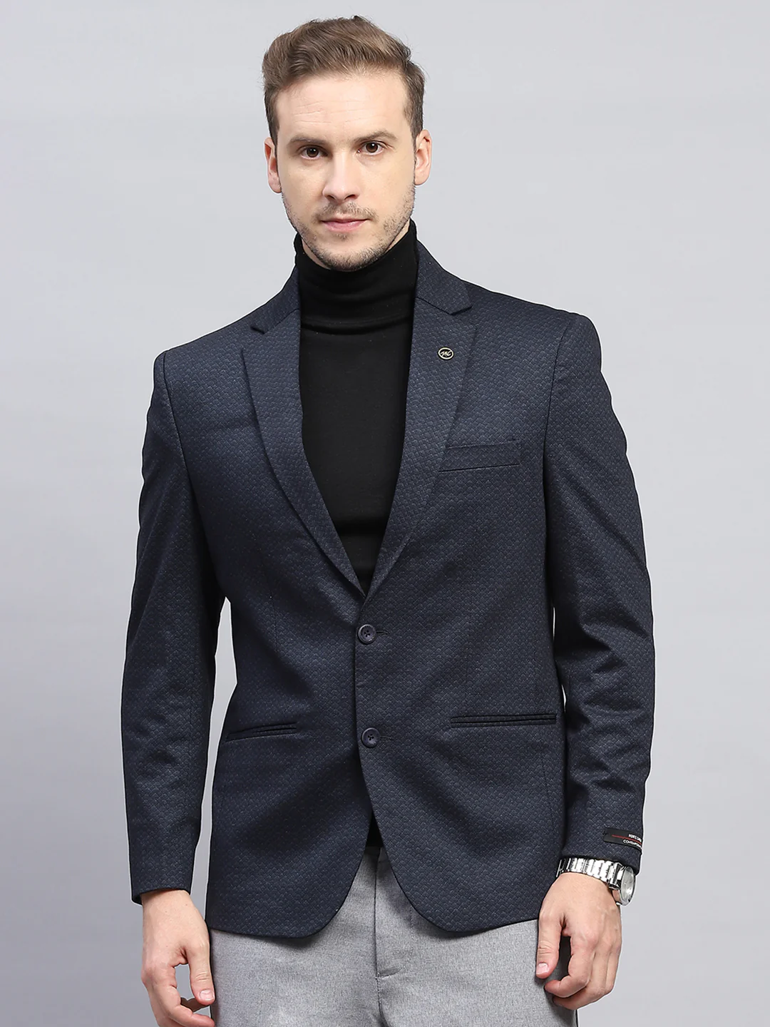 Men Navy Blue Self Design V Neck Full Sleeve Coat