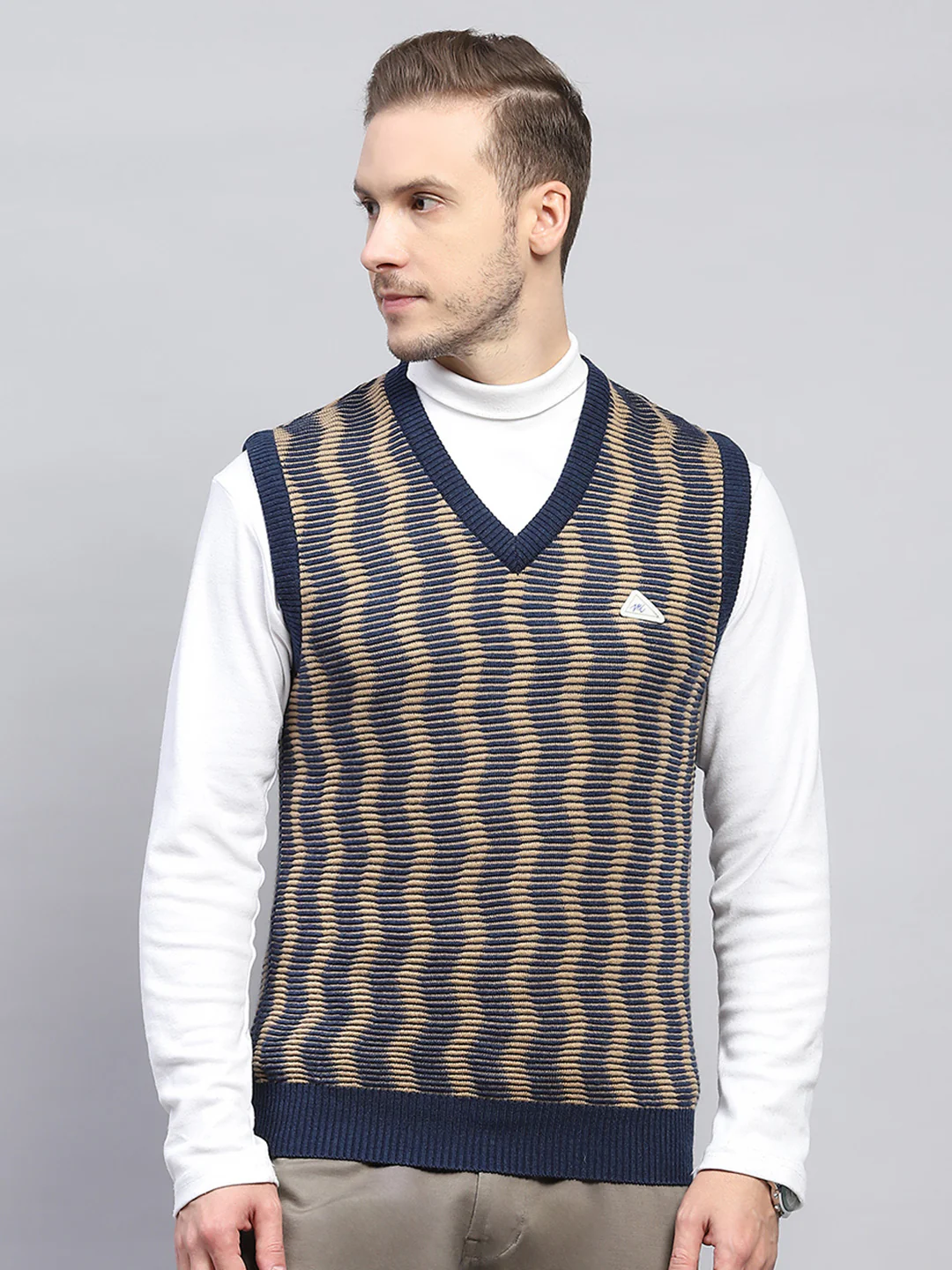 Men Navy Blue Self Design V Neck Sleeveless Sweater